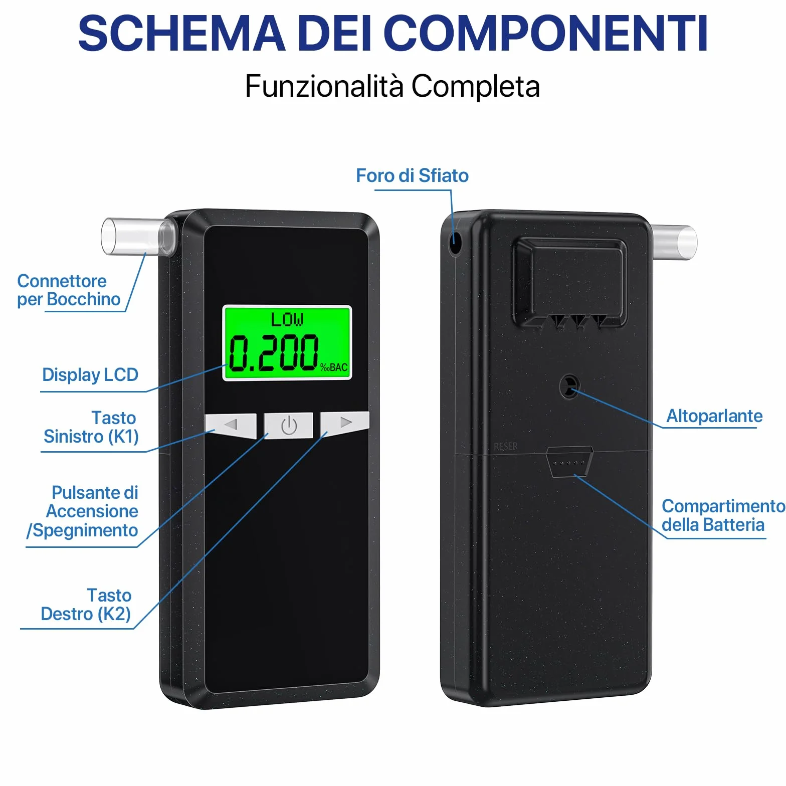 Etilometro Portatile Certificato, Altamente Preciso Alcol Test con Display LCD Blu,Ideale per Uso Domestico e Feste, con 10 Boccagli Inclusi