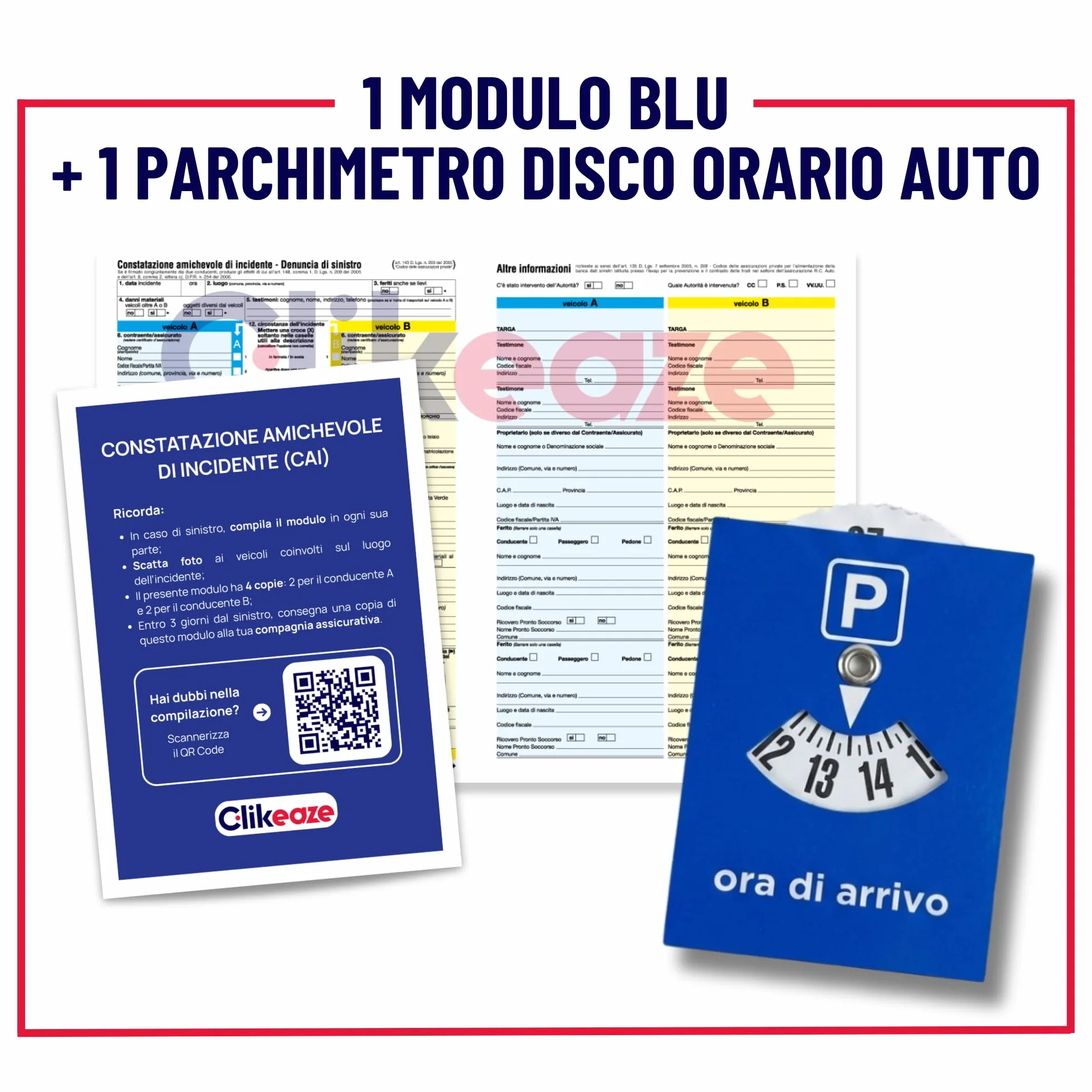 Constatazione Amichevole Incidente Kit Completo Modulo Blu Parchimetro Auto Moto Italiano Conforme Normative