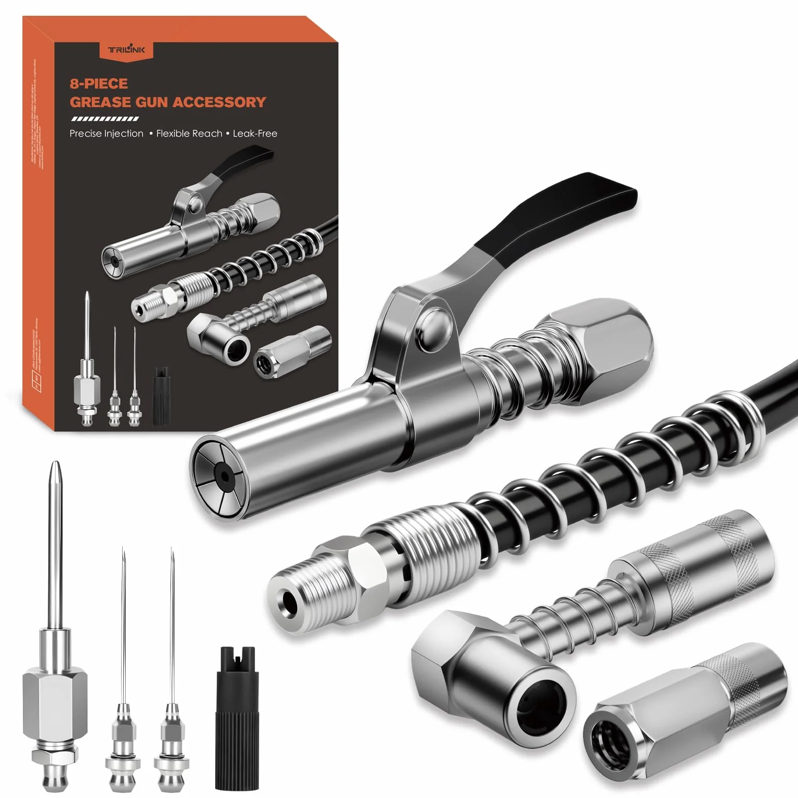 TRILINK Kit Testina Ingrassatore Professionale 8PCS Accessori con Accoppiatore Rapido, Adattatore 90°, Tubo Flessibile 30 cm