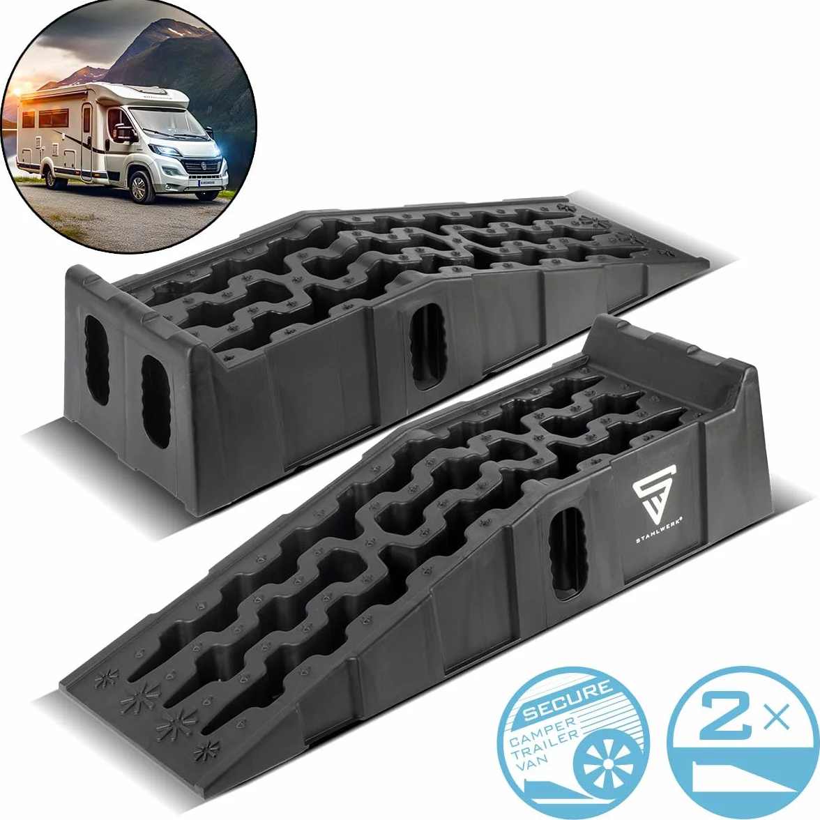 STAHLWERK Set di 2 cunei per gradini GT-15 ST con portata di 6 t, 905 x 330 x 215 mm, cuneo di carico | Rampa di carico | cuneo di bilanciamento per camper, caravan, roulotte o rimorchi