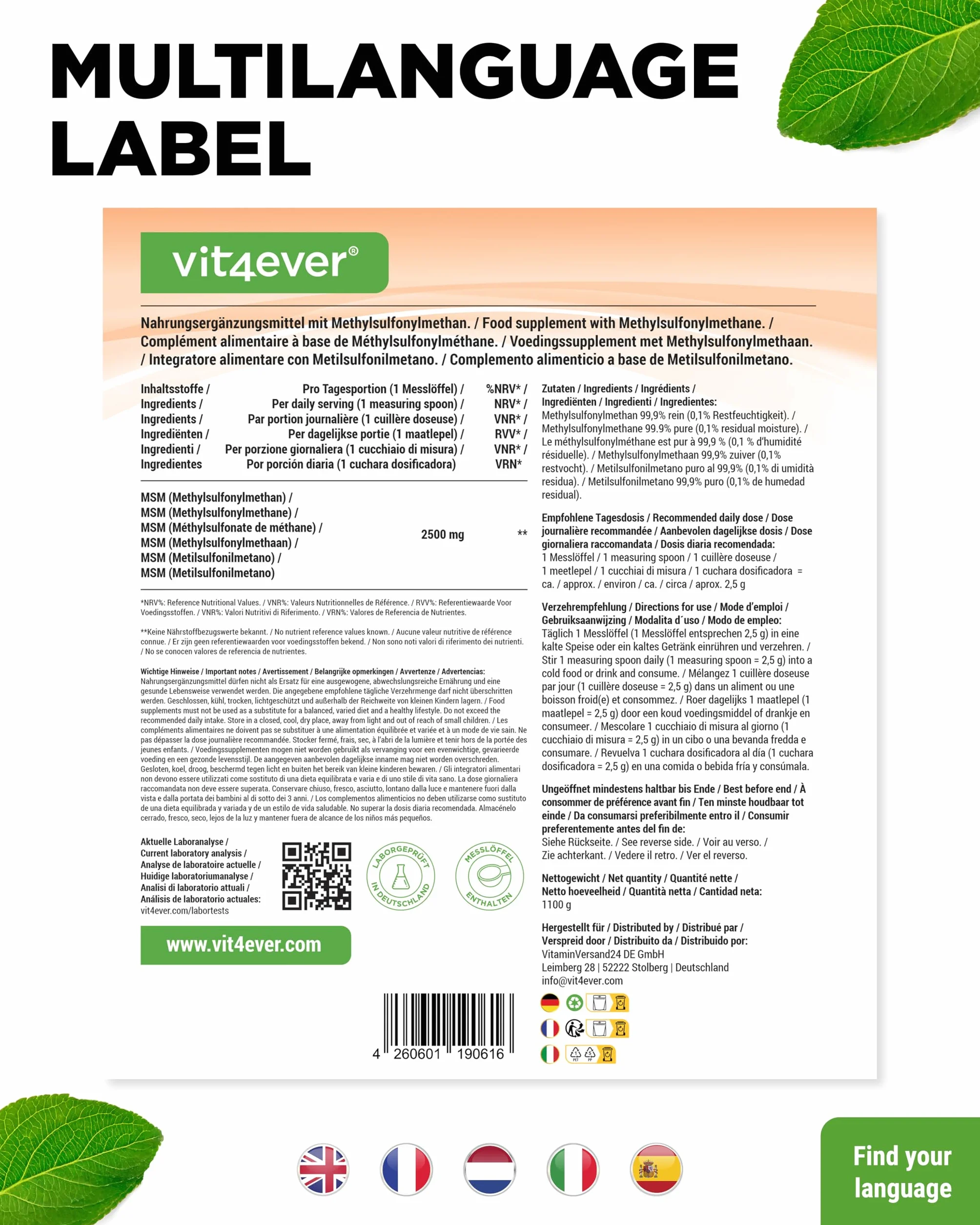 MSM in polvere 1,1 kg (1100g) Metilsulfonilmetano cristallino puro al 99,9% Zolfo organico Vegano