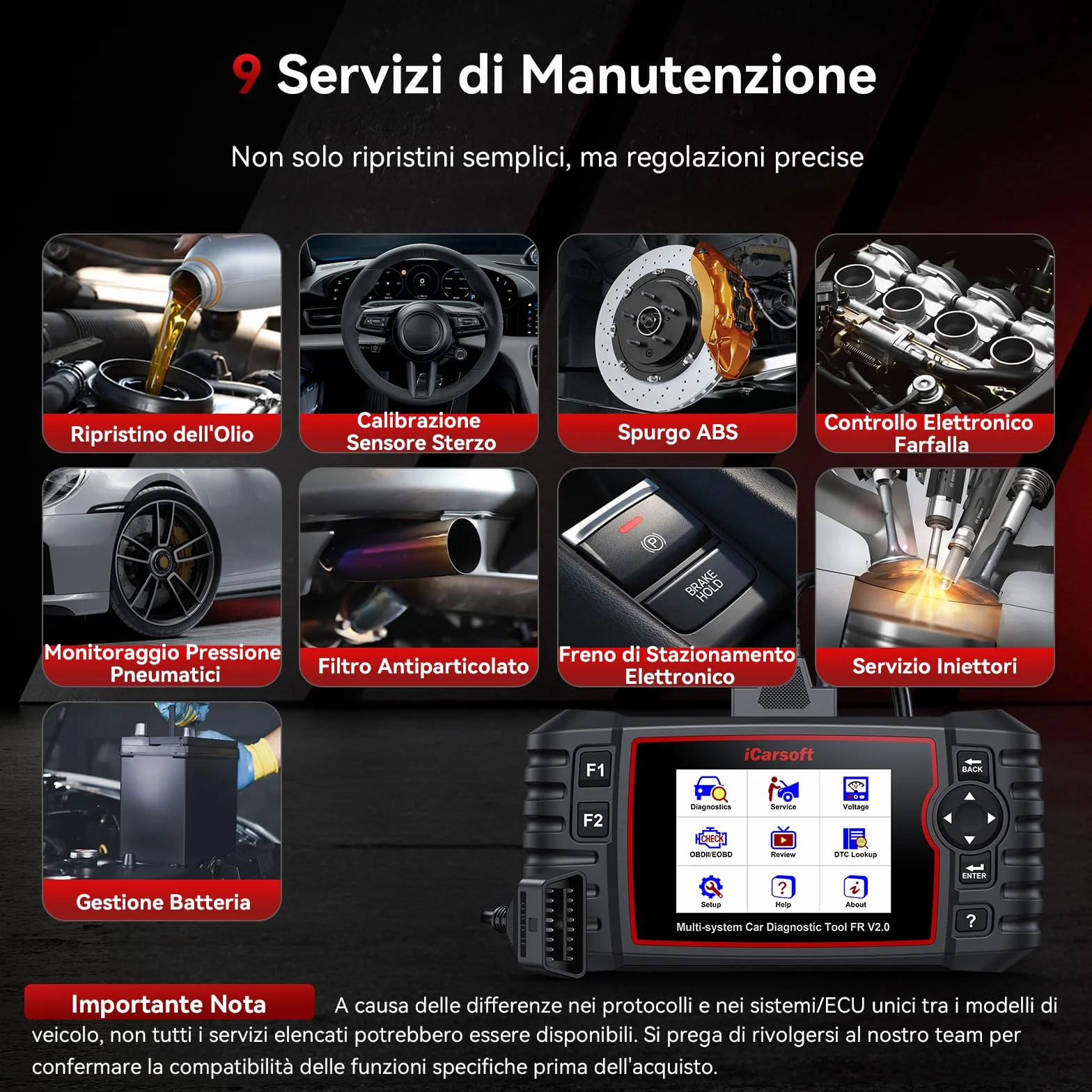 iCarsoft FR V2.0 OBD2 Diagnostica Auto Francesi e Italiani, Tutti i Sistemi, 9 Funzioni Ripristino, Aggiornamento a Vita