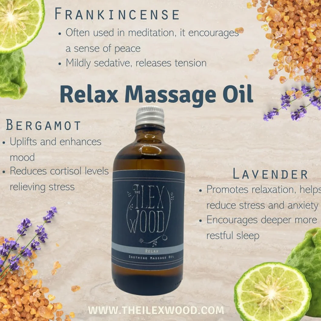 Olio massaggiante vegano naturale lenitivo The Ilex Wood Relax bergamotto lavanda