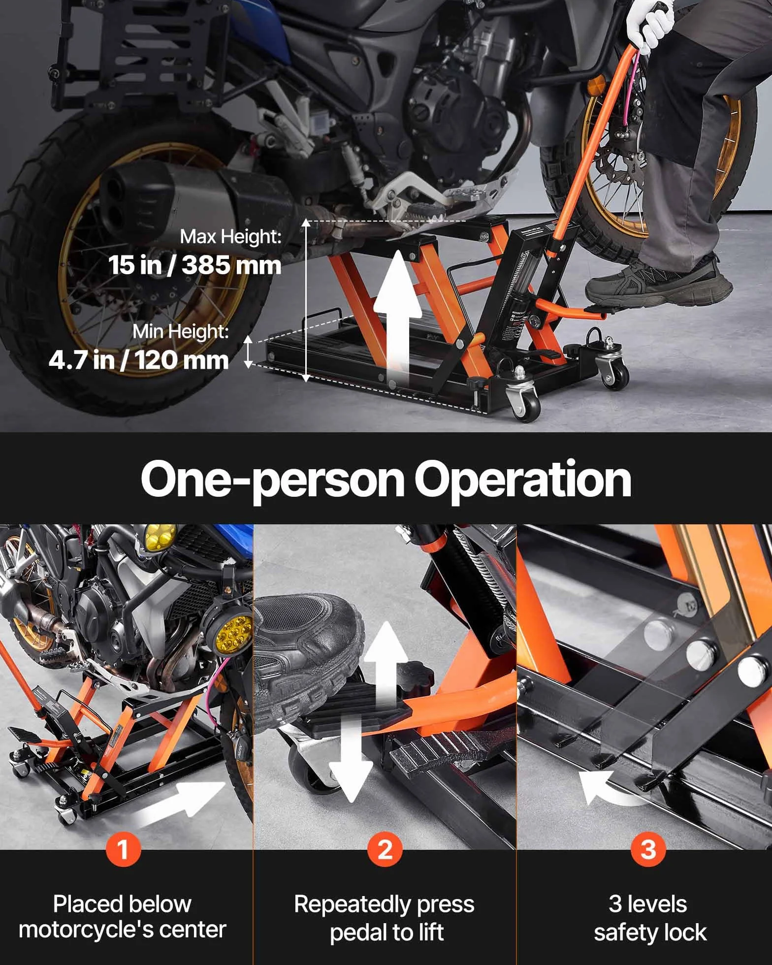 VEVOR Sollevatore Idraulico Moto Bici ATV da Officina 700kg Altezza Regolabile 12-38,5cm con Ruote