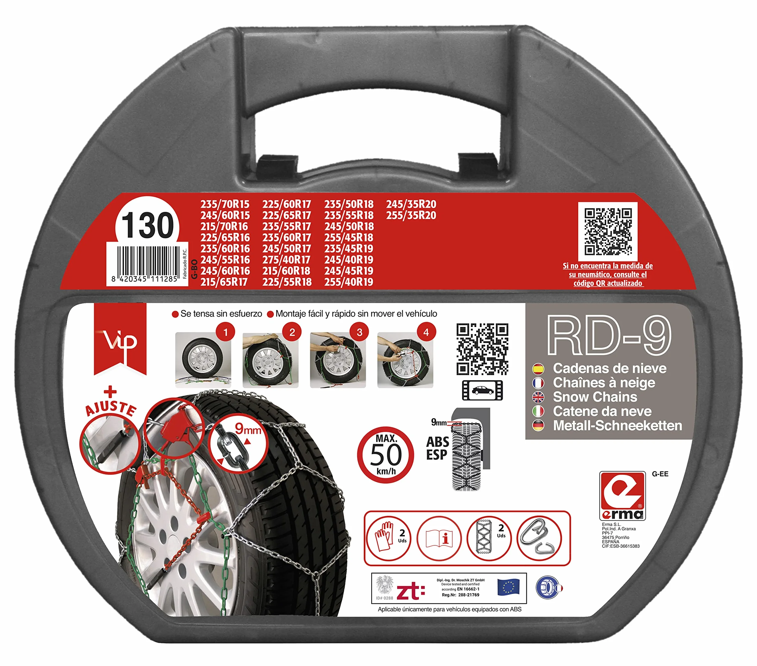 Catene da Neve Metalliche RD9 mm Taglia 130 Set 2 Pezzi con Guanti