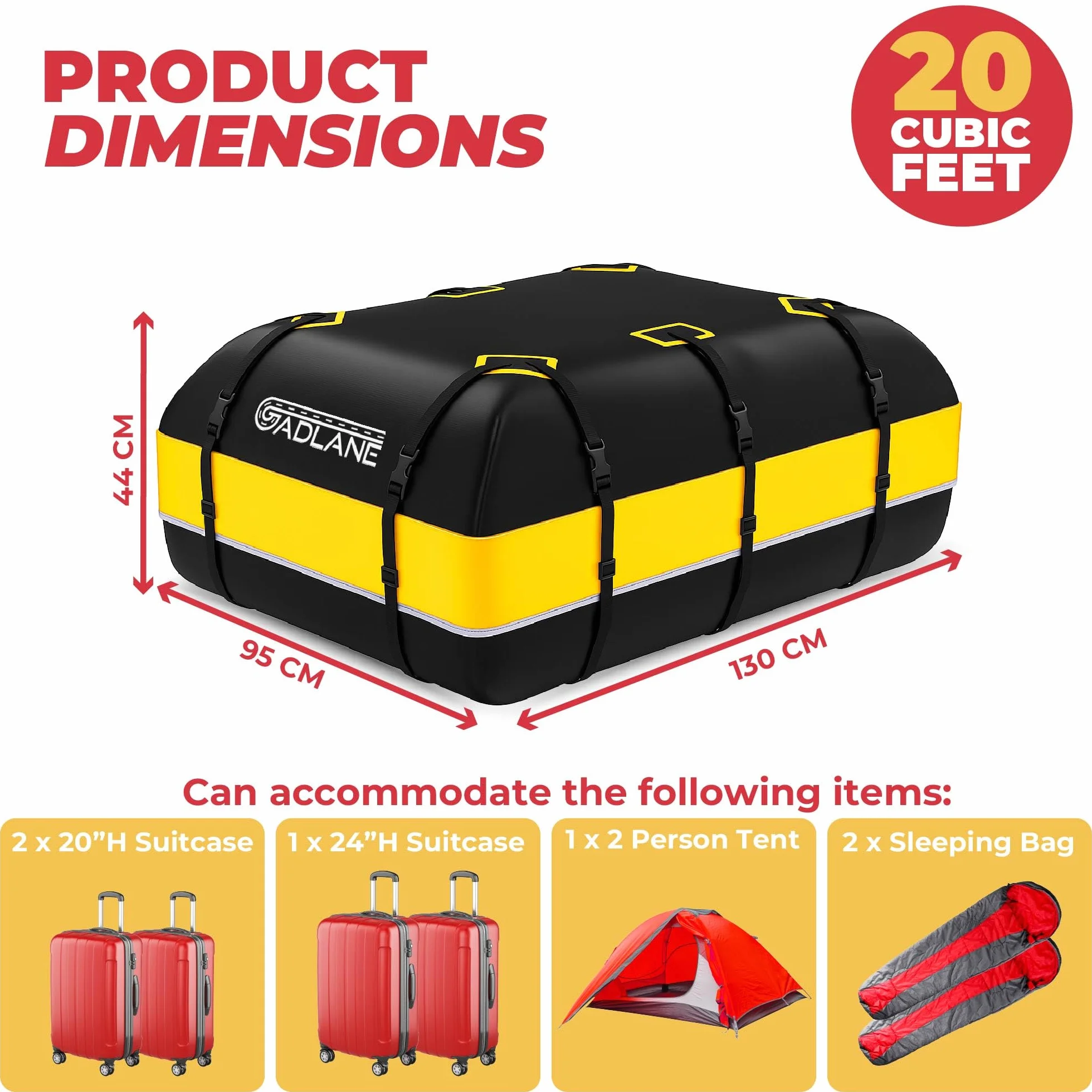 GADLANE Borsa da Tetto per Auto - 552L Box da Tetto Impermeabile per Auto con/senza Portapacchi, con Tappetino Antiscivolo, 6 Cinghie Robuste, Lucchetto a Combinazione, Borsa Portaoggetti (Gialla)