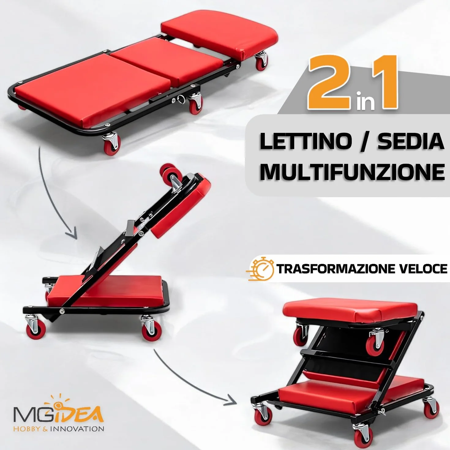 Lettino SOTTOAUTO Sgabello Carrello 2IN1 Officina Meccanico Riparazione Auto Manutenzione Professionale 90X41,5X12,5CM Portata 150KG