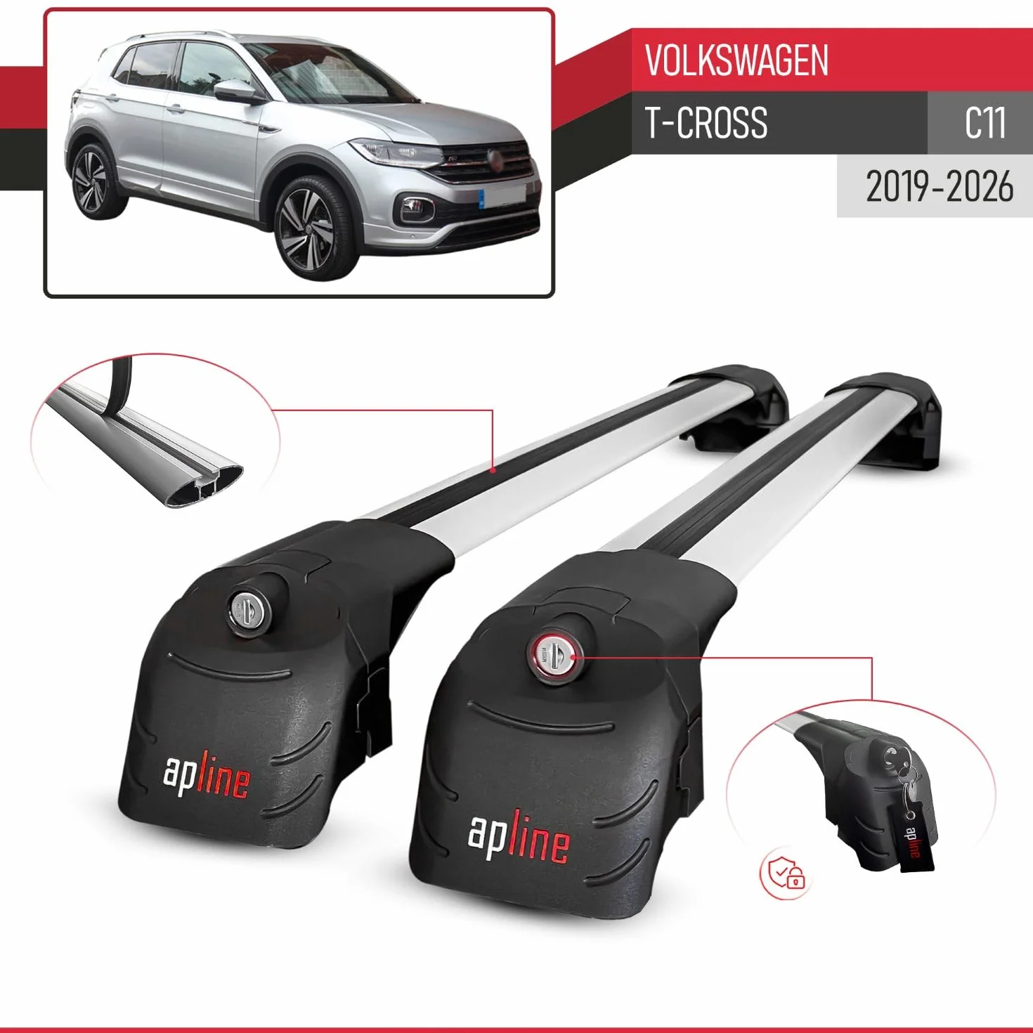 Compatibile con Volkswagen T-Cross (C11) 2019-2026 Modello ACE-2 Barre Tetto Portapacchi Auto Barre Portatutto Grigio Alluminio 2 Barre