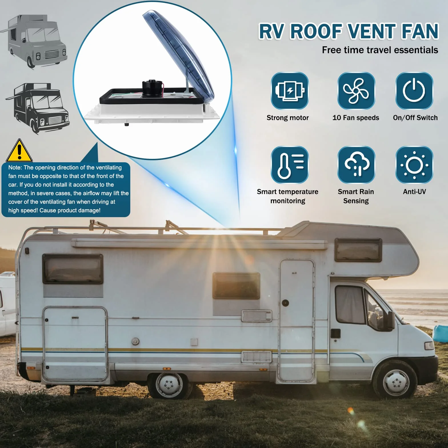 Ventilatore da tetto 12V 40x40 cm per Camper Caravan con sensore pioggia e silenzioso