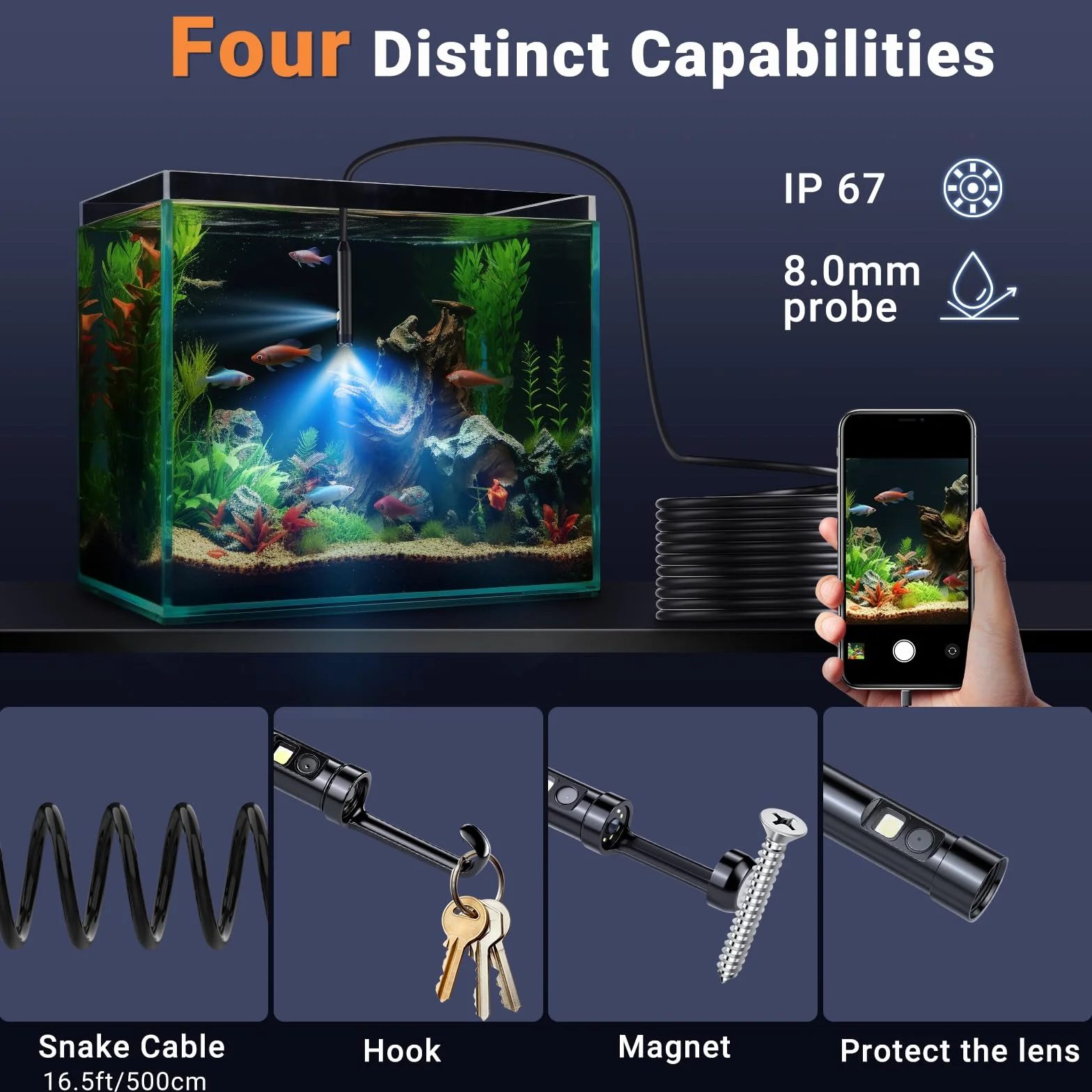 Endoscopio per Smartphone 1920P HD Sonda Doppia Telecamera Ispezione Tubi Impermeabile Cavo Semirigido 5m Gancio Adattatore Android iOS