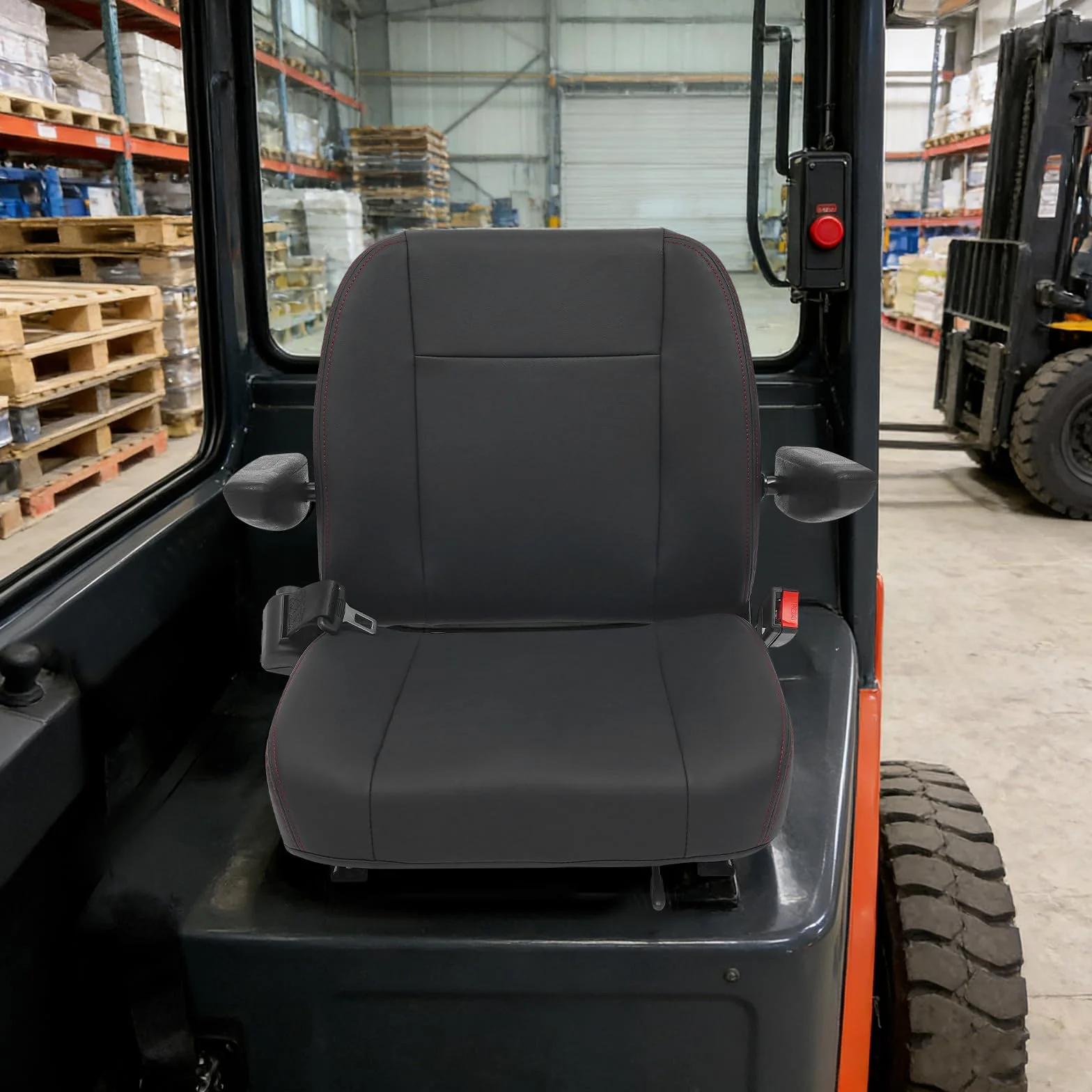 Seggiolino universale per carrelli elevatori, con cintura di sicurezza, microinterruttore, braccioli regolabili, in PVC, per trattori e carrelli elevatori