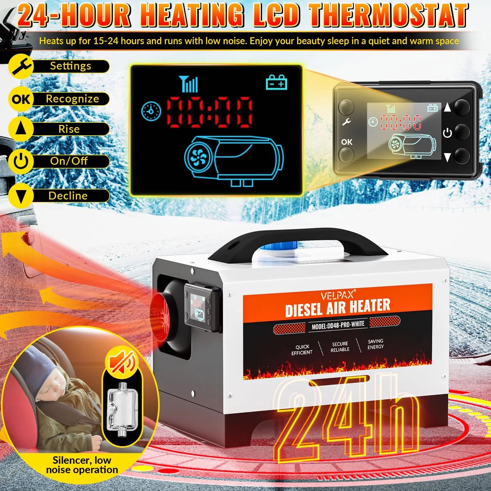 VELPAX Riscaldatore d'Aria Diesel all-in-One 8KW 12V 24V 220V riscaldatore d'Aria Diesel con silenziatore, LCD e Telecomando Riscaldamento rapido per Camper,Macchine,Camion,Barche,Autobus