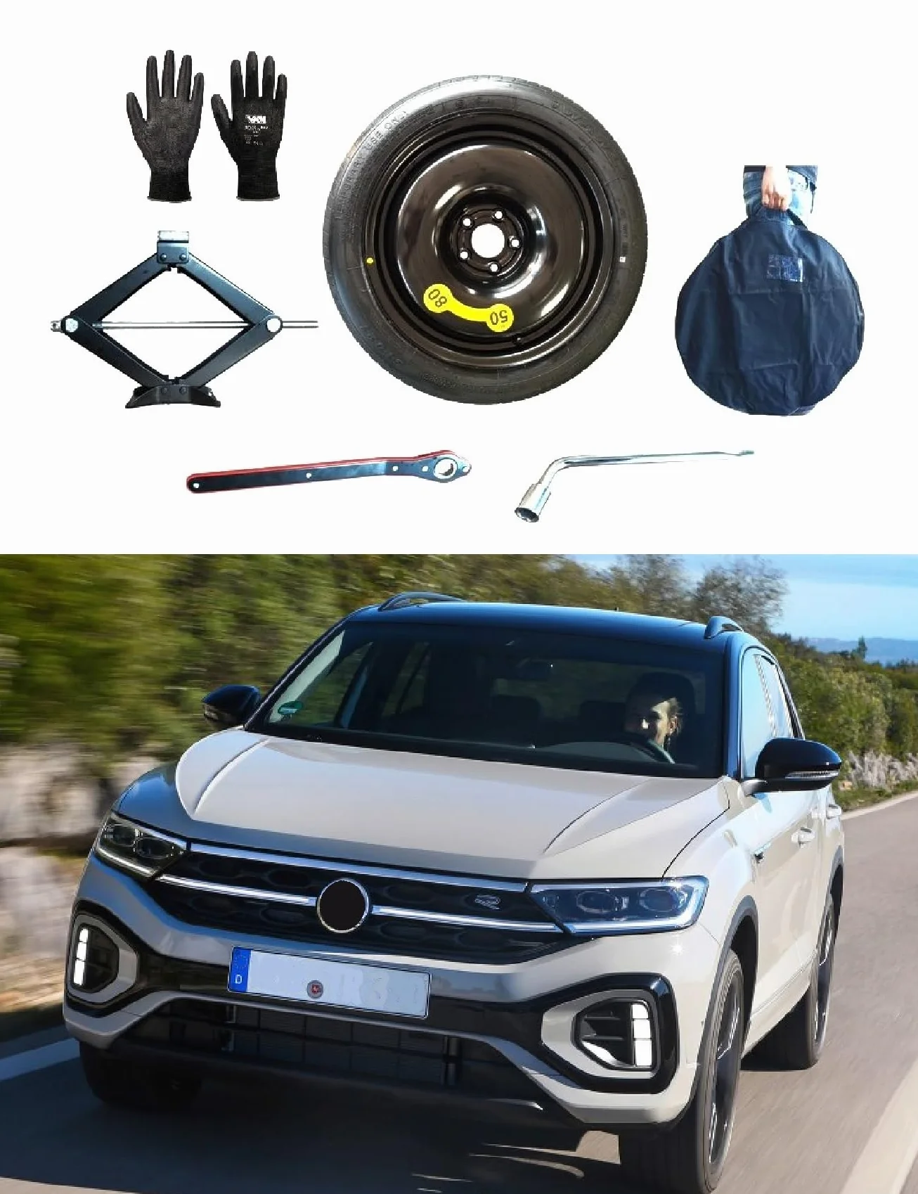 Volkswagen T-Roc Ruotino di Scorta 17" con Cric, Chiave, Guanti, Sacca