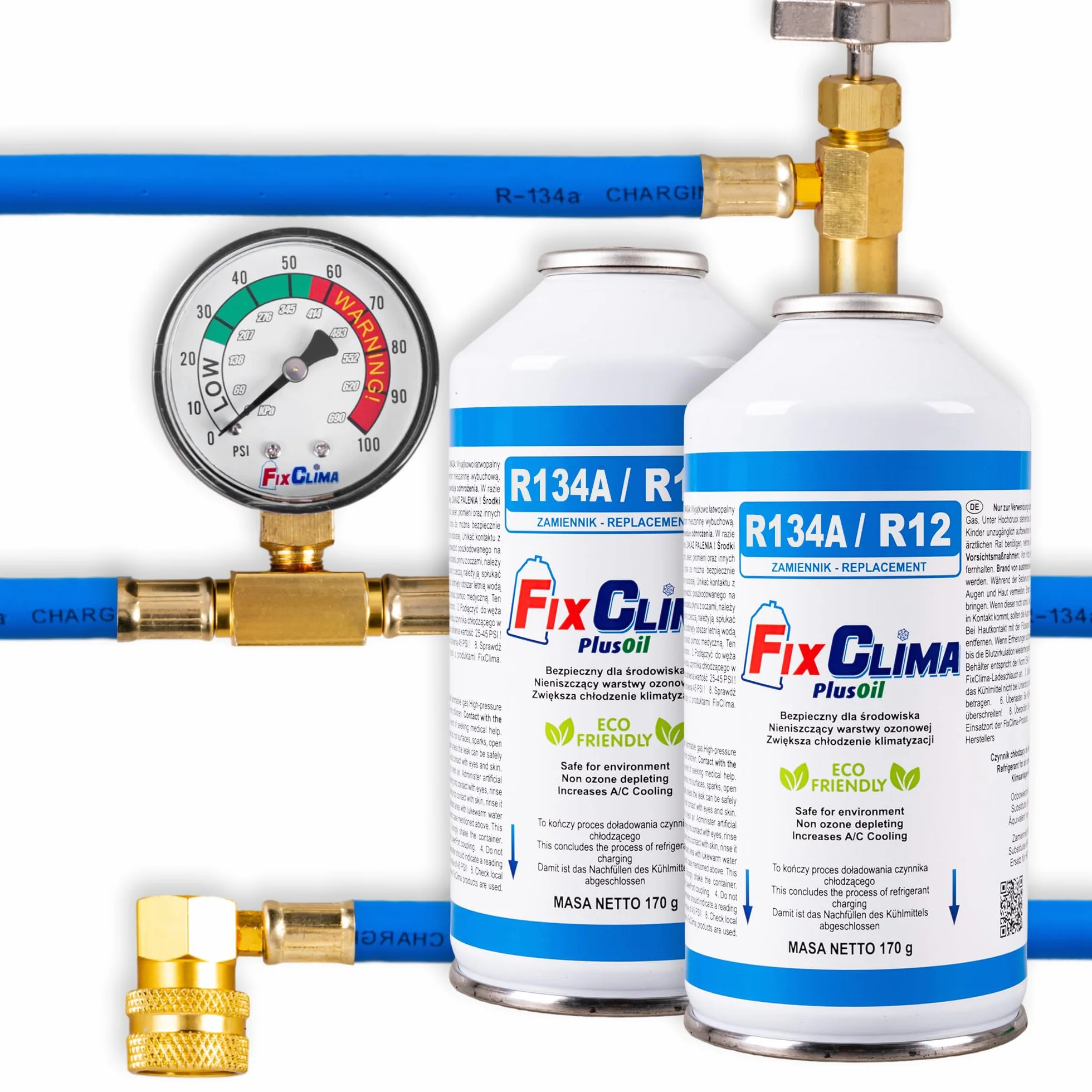 FixClima Kit di Ricarica Climatizzatore Auto R134a R12 2x Gas Refrigerante 170g Tubo Manometro Olio Sigillante Manutenzione