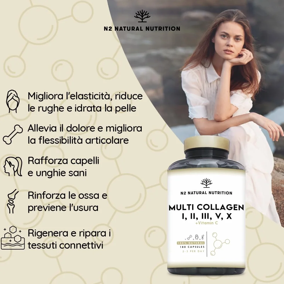 N2 Natural Nutrition Multi Collagene Idrolizzato 1650mg Peptidi di Collagene Marino e Bovino Tipo 1 2 3 5 10 Integratore Articolazioni Pelle Ossa Vitamina C 180 Capsule
