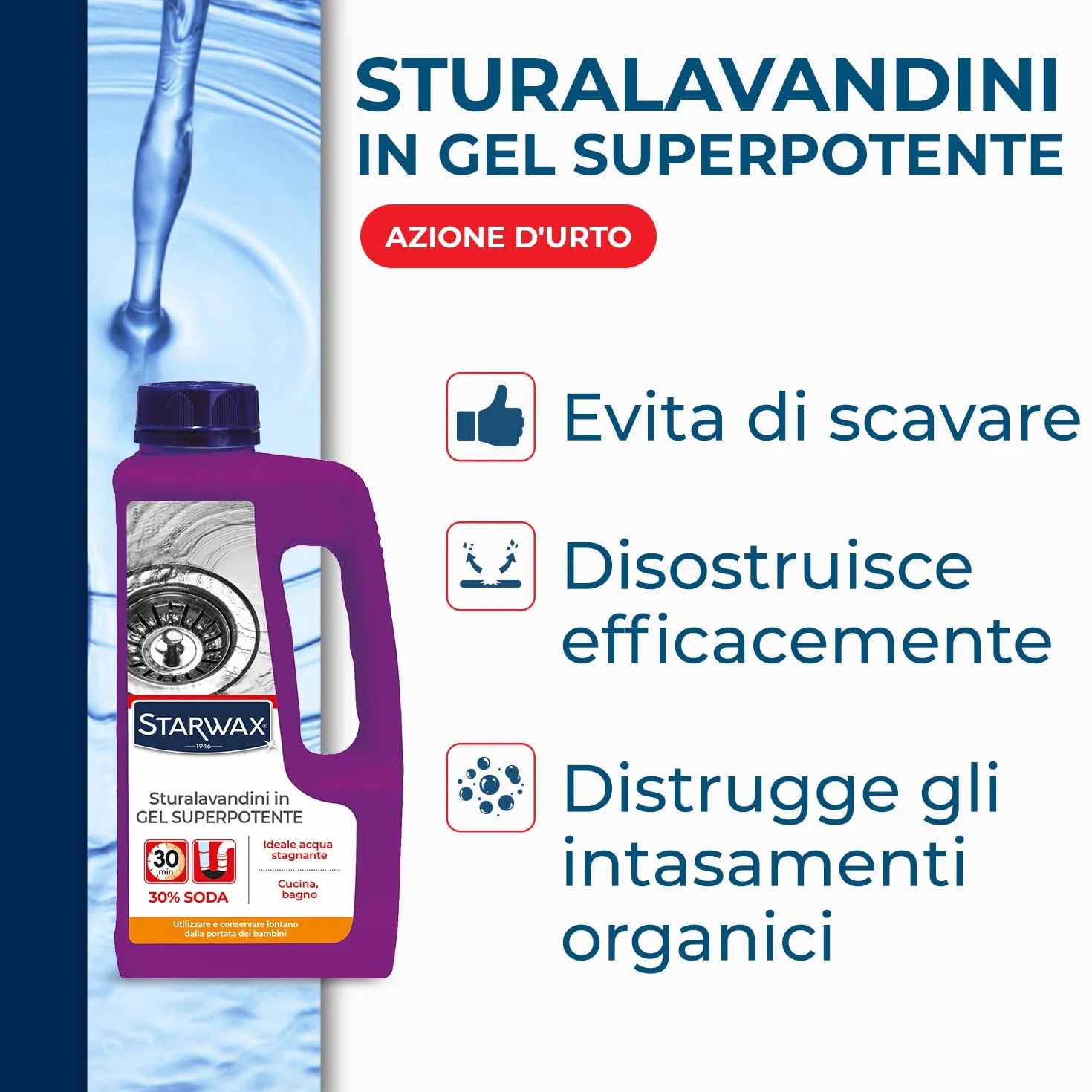 STARWAX Sturalavandino Gel Superpotente 1L - Soda Caustica 30% - Sblocco Tubi