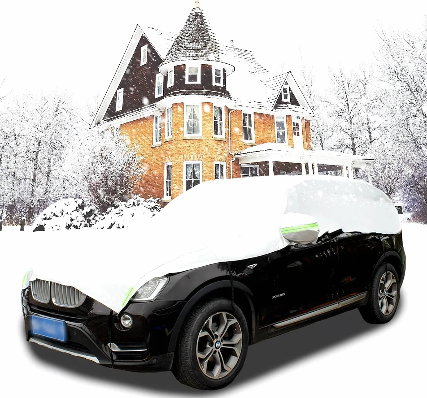 Telo Copriauto Impermeabile Invernale Esterno, Mezza Copertura per Auto con Strisce Riflettenti e Corde Antivento, Mezzo Telo Auto Resistente a Polvere, Graffi, Neve, Universal (SUV)