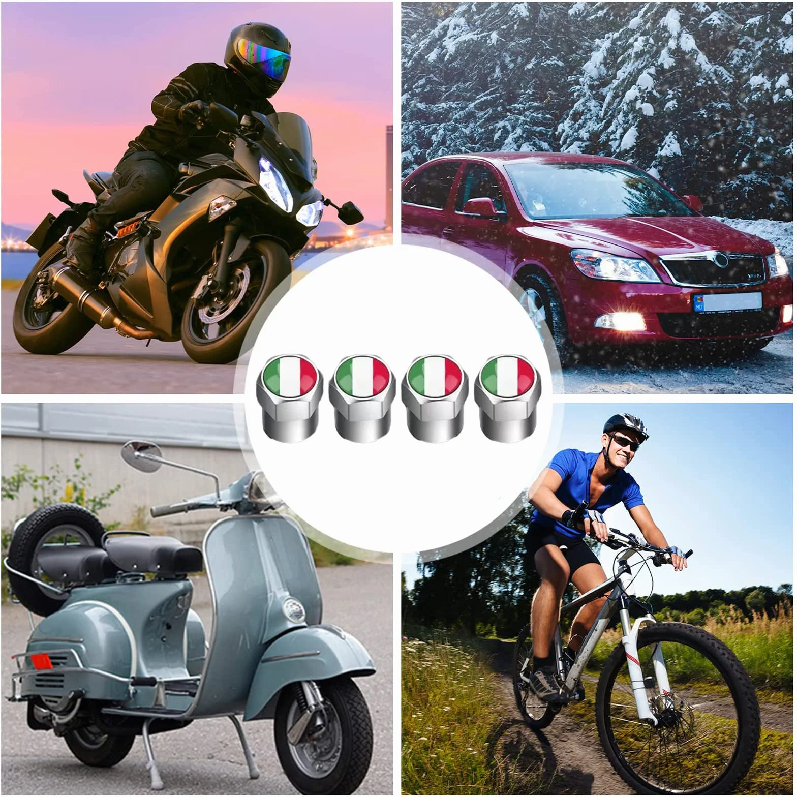 Tappini Gomme Auto Bandiera Italia Tappi Valvole Pneumatici Auto 4 pezzi, Tappi per Valvole Auto in Alluminio Tappi Stelo Valvola Pneumatico Tappi Gomme Auto, Tappino Bici, Tappi per Gomme Auto