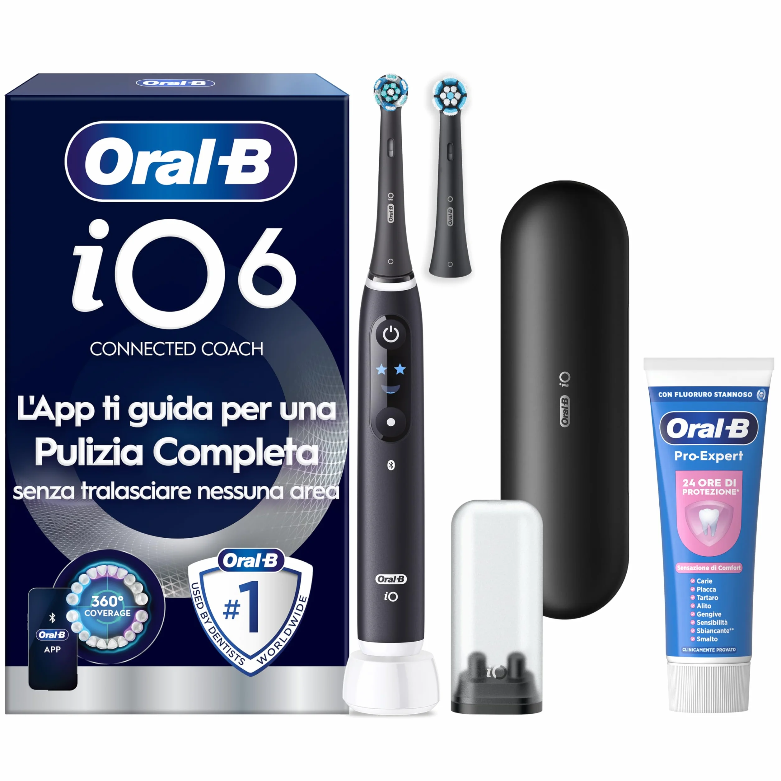 Oral-B iO 6N Spazzolino Elettrico Ricaricabile Nero, 2 Testine, Custodia + Dentifricio