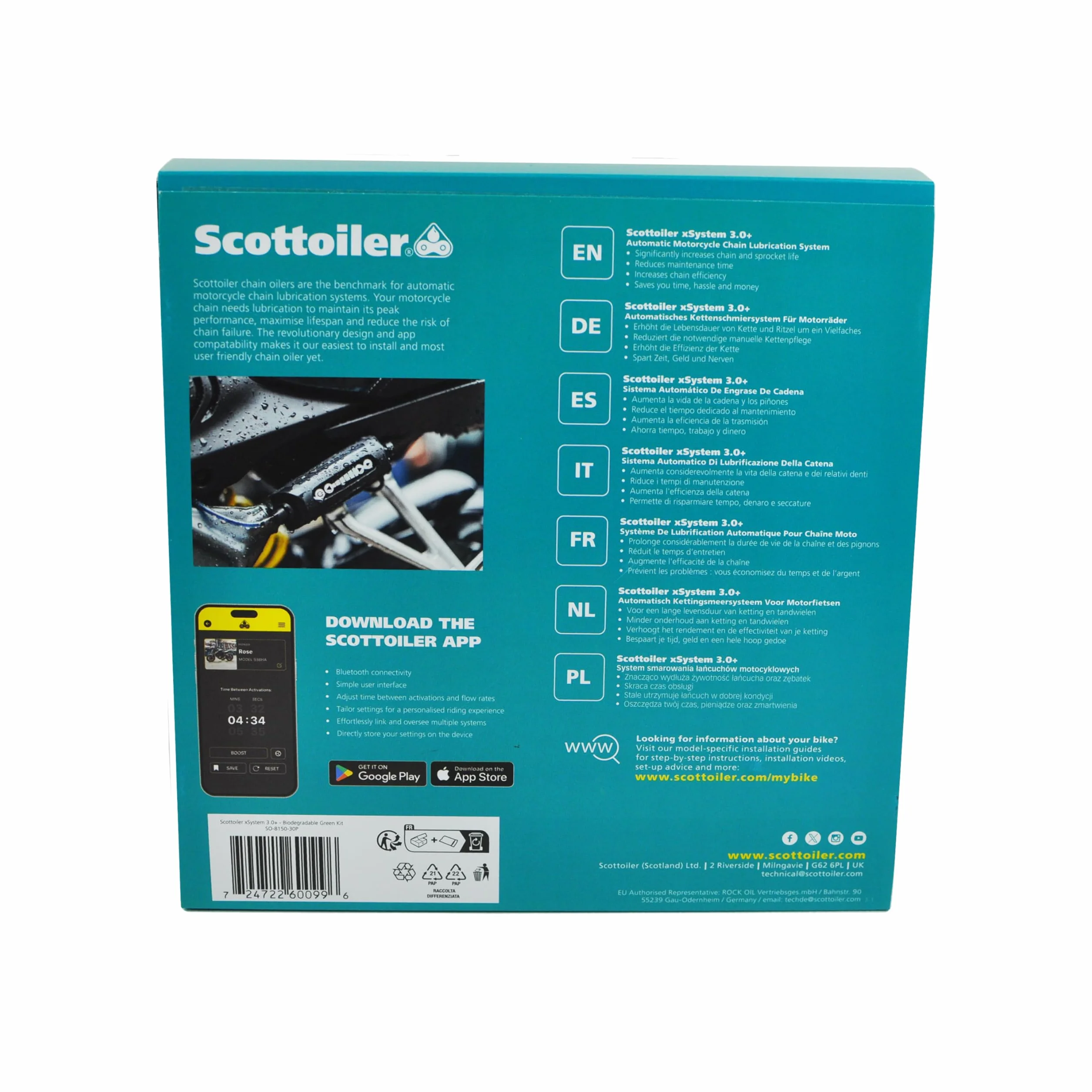 Scottoiler xSystem 3.0+ - Olio elettronico per catena con controllo tramite app Bluetooth incluso Scottoil All Climate Biodegradable Green