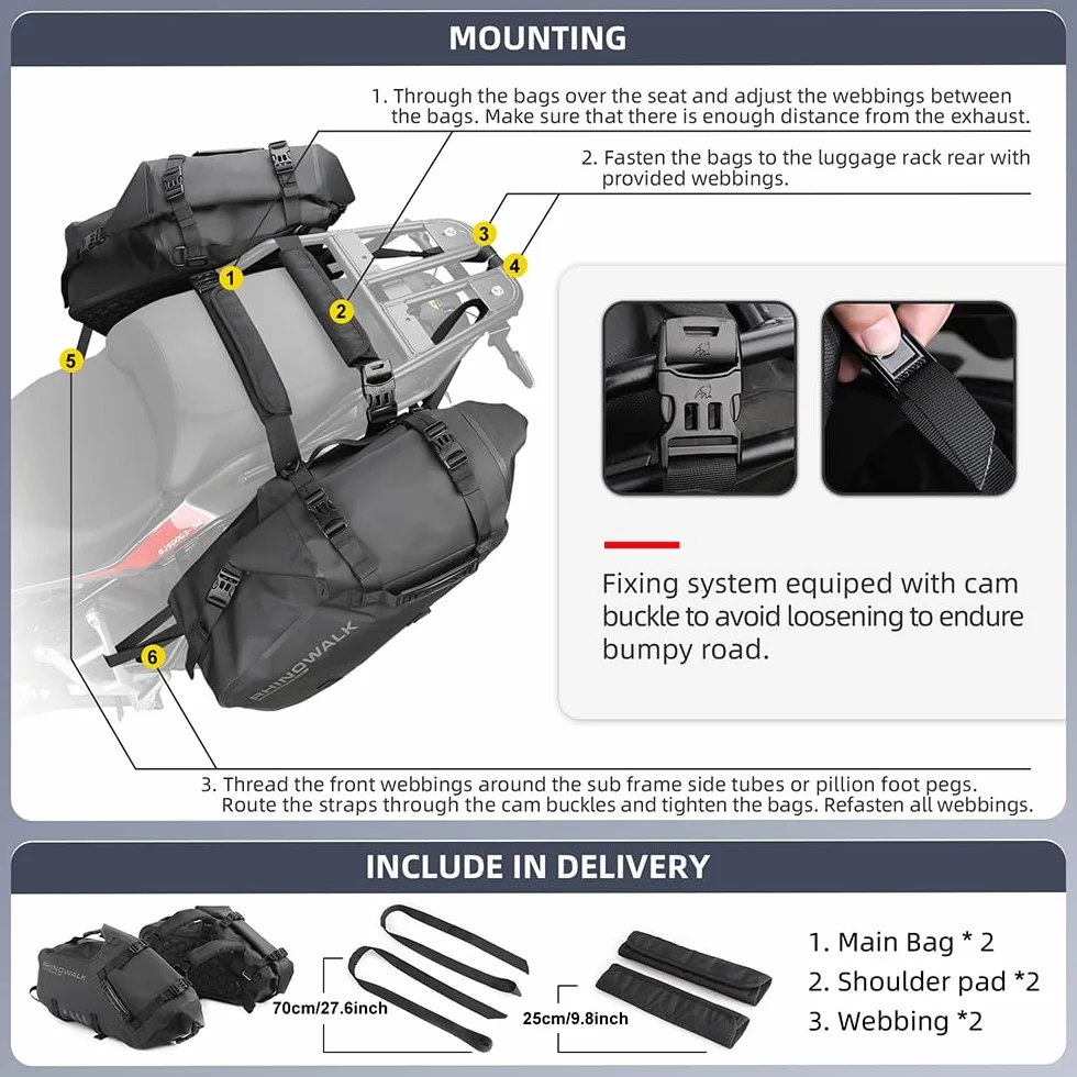 Rhinowalk Moto Borsa Portabagagli Impermeabile 28L Anti-Vibrazioni Borse laterali per Moto Avventura Sport