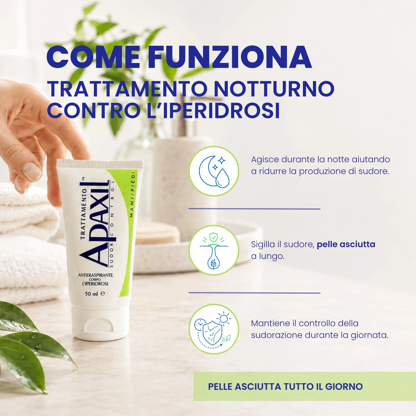 Apaxil Sudor Control Mani e Piedi Notte 50ml, Gel Antitraspirante Contro Iperidrosi Palmari e Plantari