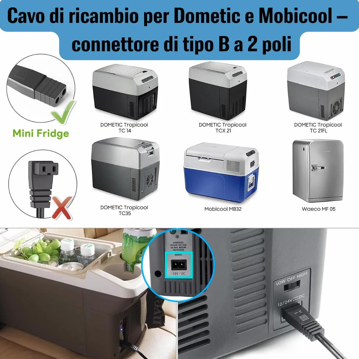 Cavo Alimentazione 12V 24V Frigorifero Portatile 3,5 m Presa Accendisigari 2 Pin 16 AWG Rame