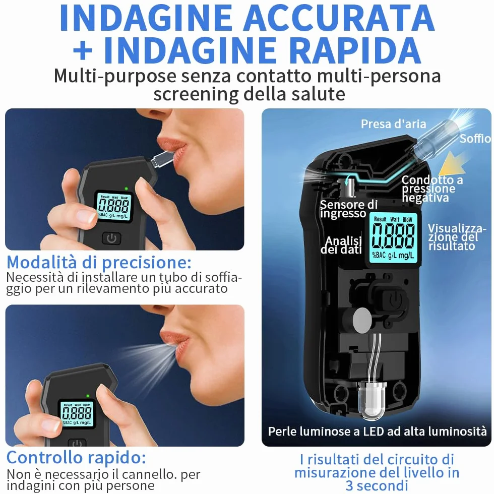 Etilometro Portatile Certificato,Etilometro Professionale con Display Digitale LCD e Chip ad Alta Sensibilità,Precisione di Grado,Alcool Test Portatile per Uso Domestico e Professionale con 20 Beccucc