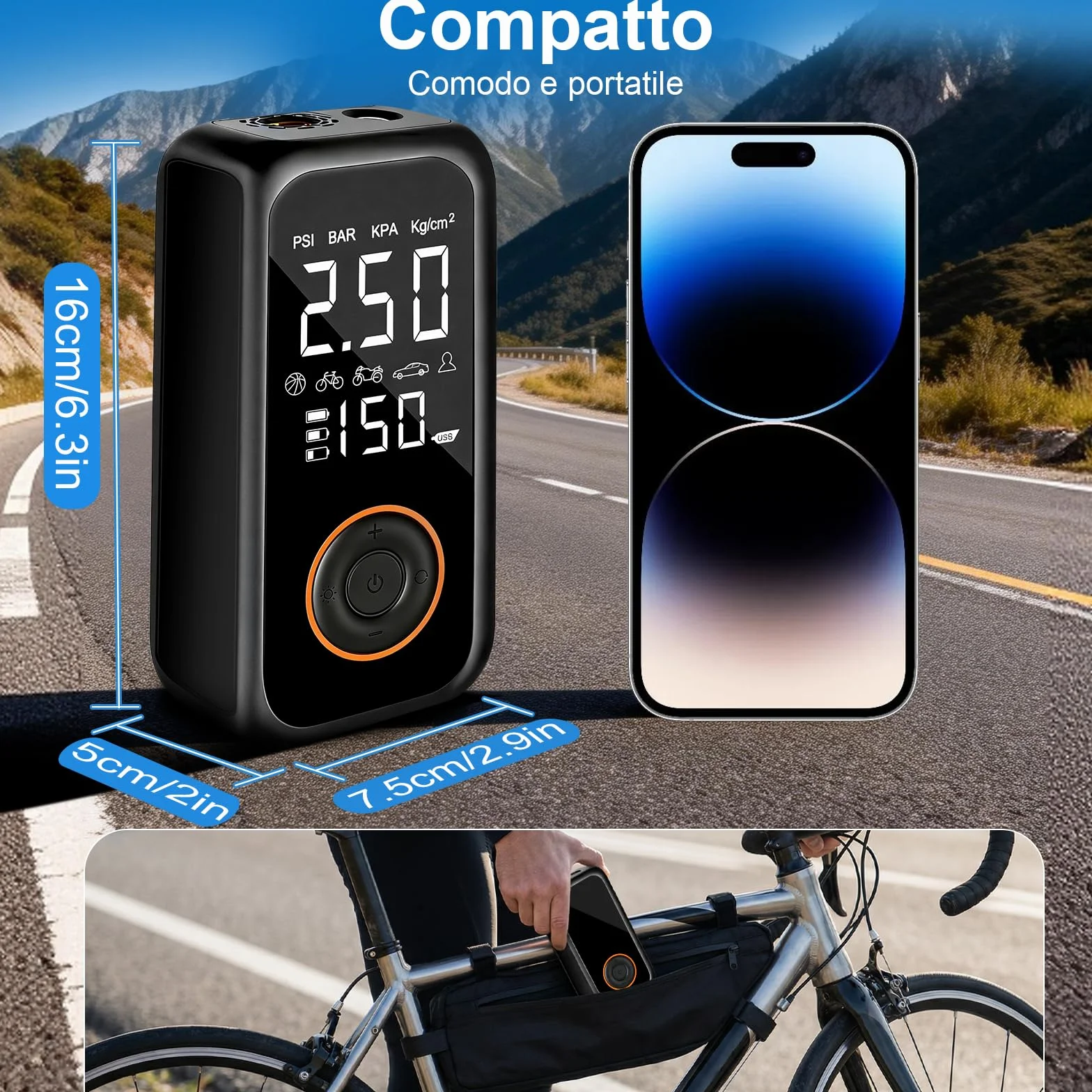 Compressore Aria Portatile Auto 8000mAh 150PSI Pompa Bici Elettrica con Schermo LCD e Torcia LED