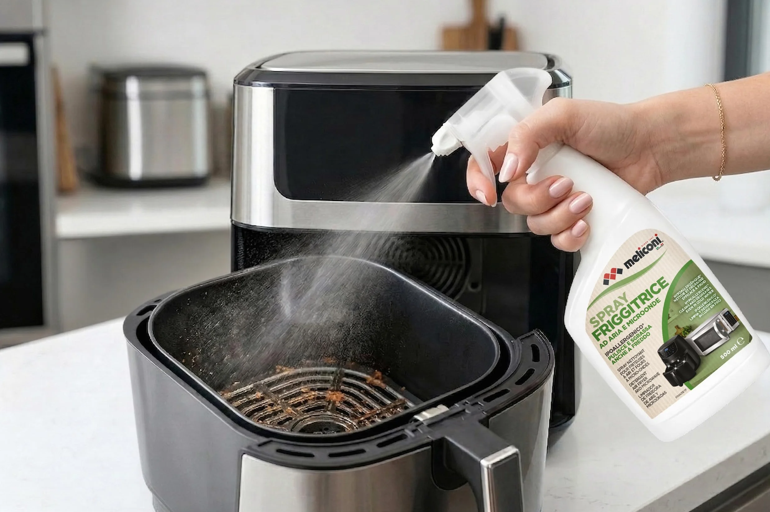 Meliconi Sgrassatore Spray 500 ml, Friggitrice ad Aria e Microonde, Rimuove Grasso Ostinato, Efficace a Freddo, Made in Italy