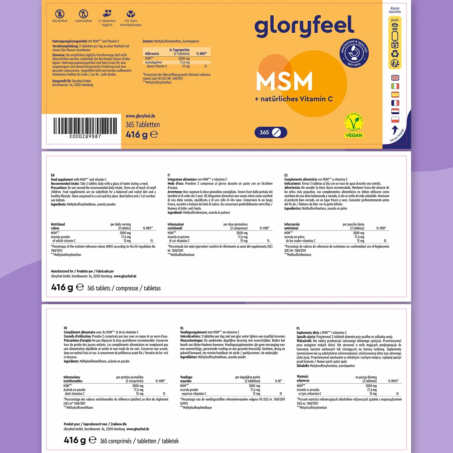 MSM 2000mg Vitamina C Acerola 365 Compresse Alto Dosaggio Metilsufonilmetano Vegano