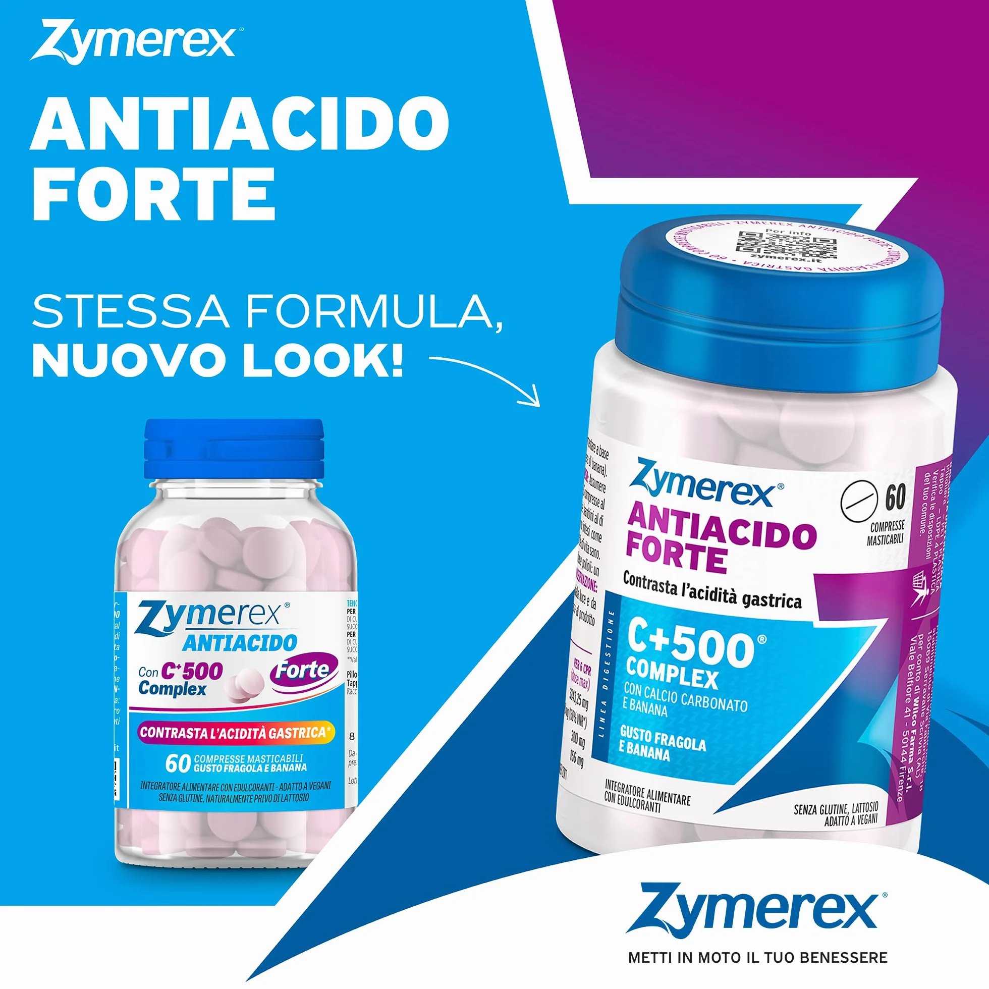 Zymerex ANTIACIDO FORTE 60 compresse masticabili | Contrasta acidità gastrica | Azione forte | Gusto fragola e banana | Senza glutine e lattosio | Adatto a vegani