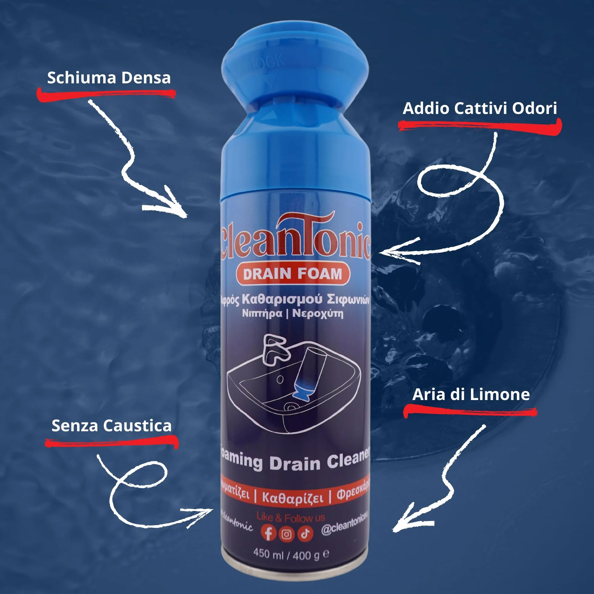 CleanTonic® Schiuma Pulente per Scarichi 450ml – Rimuove Odori, Grassi e Sporco