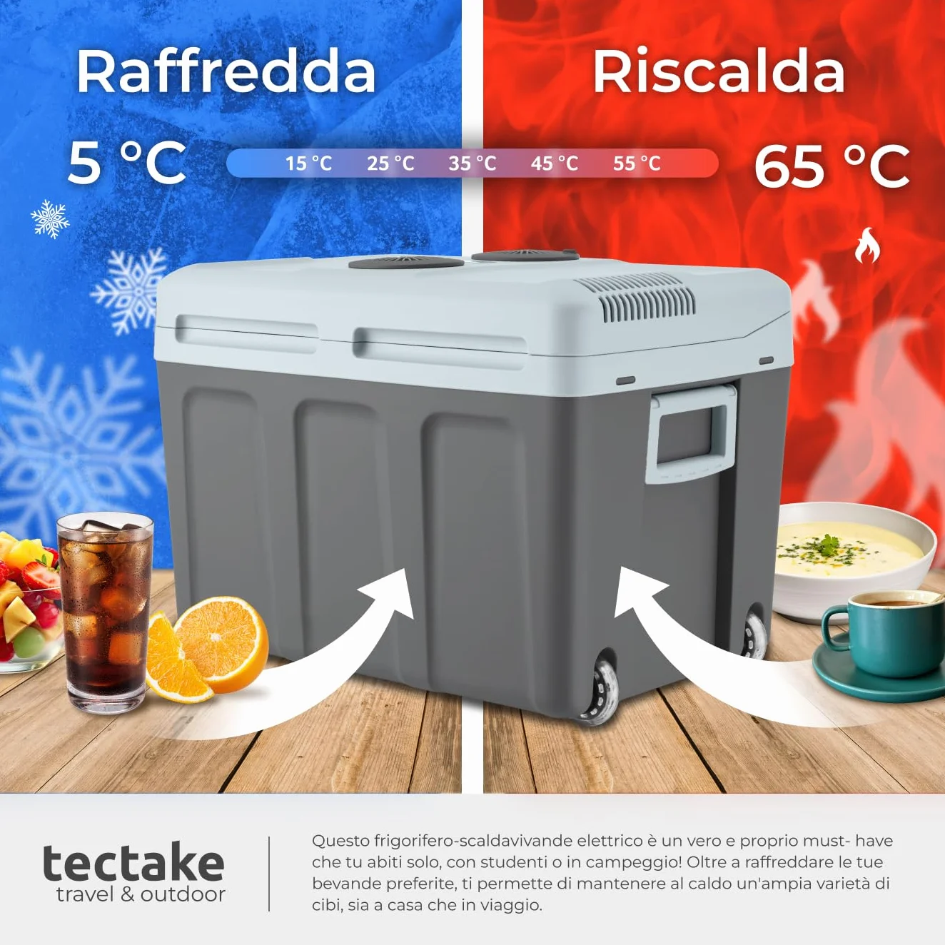 TecTake® Frigorifero Portatile e Scaldavivande 2 in 1, Mini Frigo con Modalità ECO da Campeggio con Maniglie Pieghevoli e Ruote, Portatile Elettrico Ideale per Casa e Auto - 40L