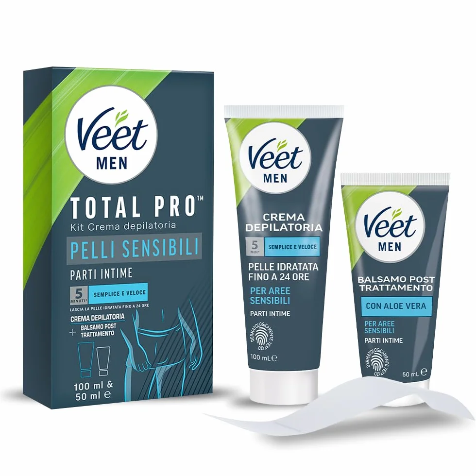 Veet Men Crema Depilatoria Intima Pelli Sensibili 100 ml e Balsamo Post Depilazione 50 ml