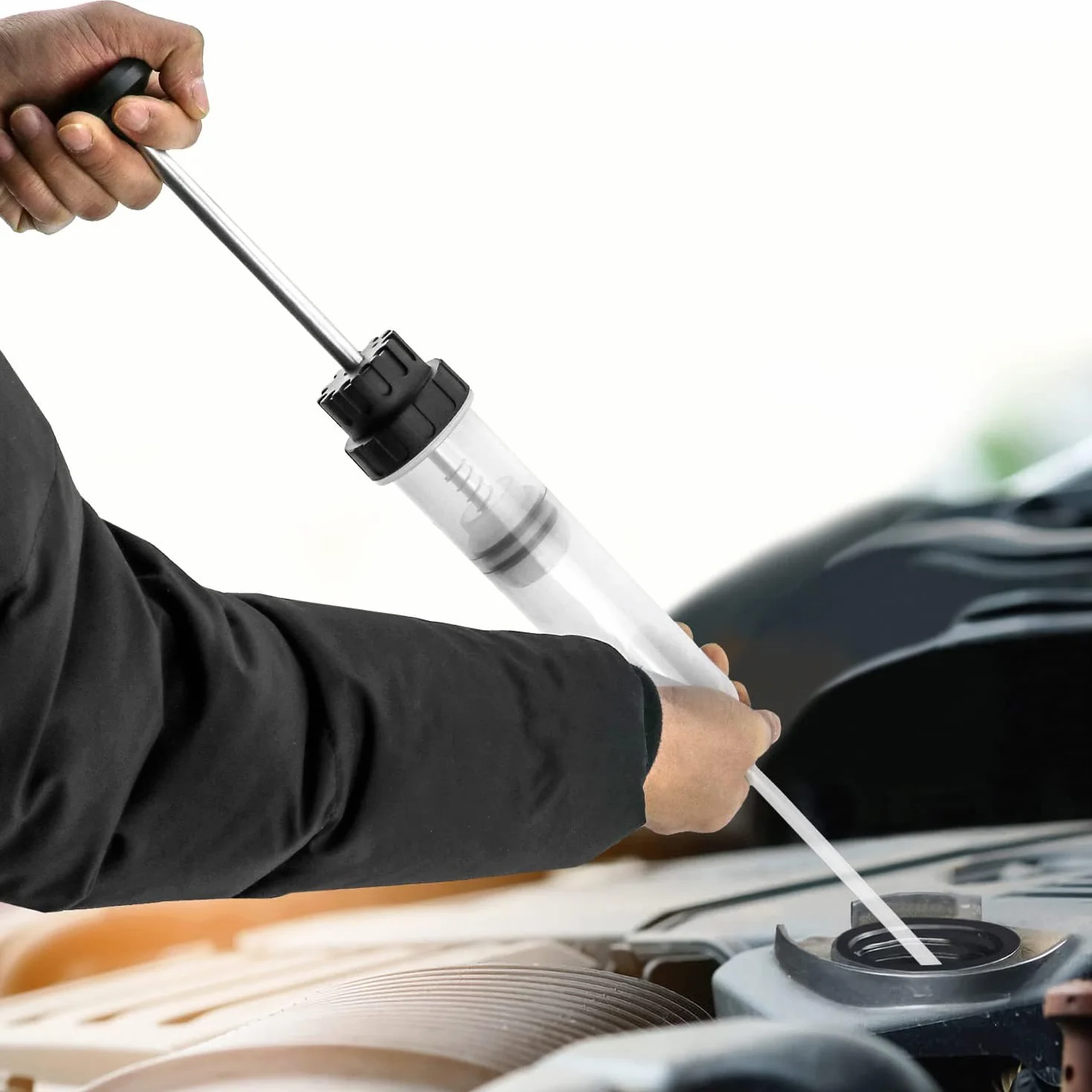 QWORK Siringa di Aspirazione Olio 500 mL con Tubo Flessibile per Liquido Freni e Oli Motore