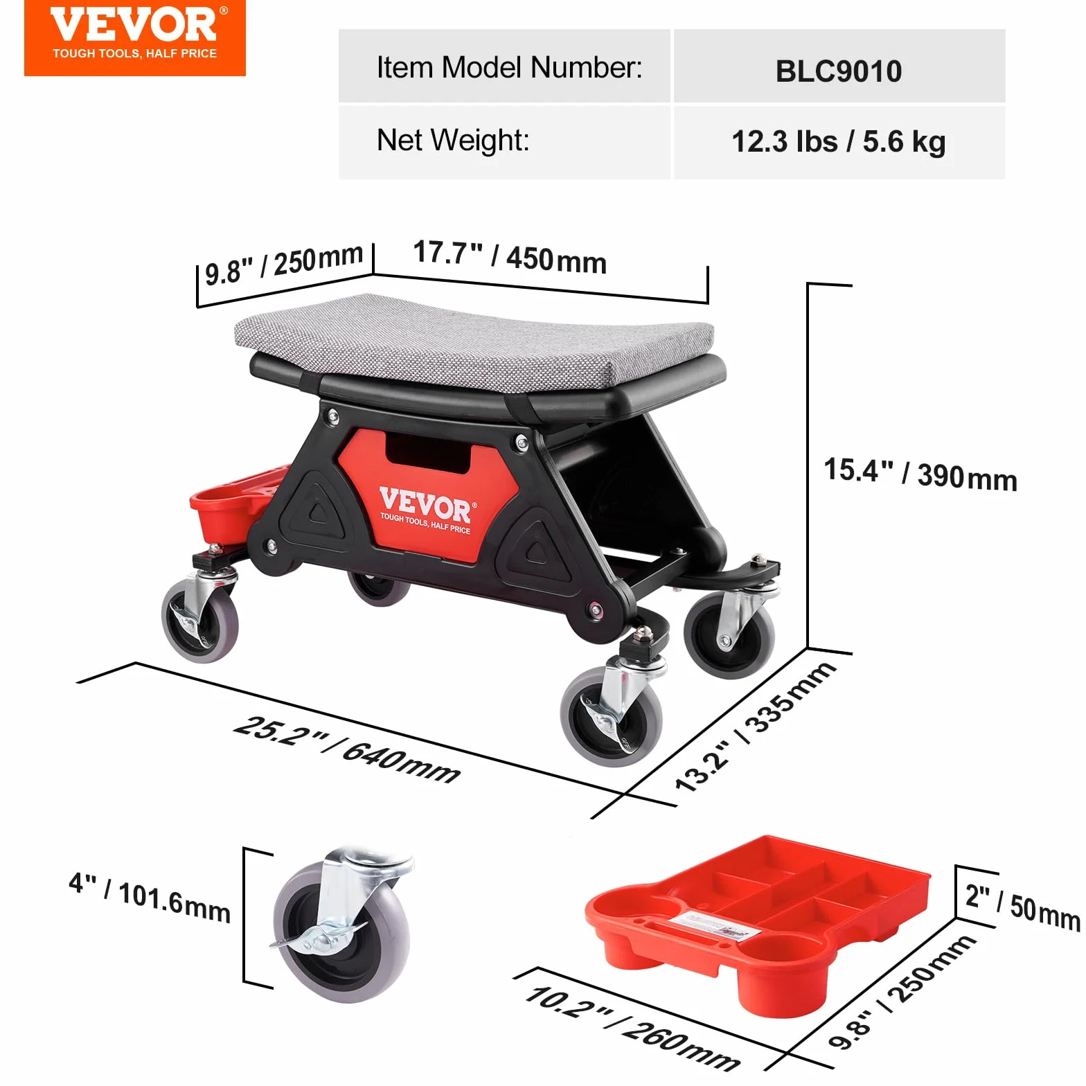 VEVOR Sgabello Mobile Riparazione Officina 64x33.5x39 cm Carico 136 kg Rotelle Bloccabile 450x250 mm Vassoi Portautensili
