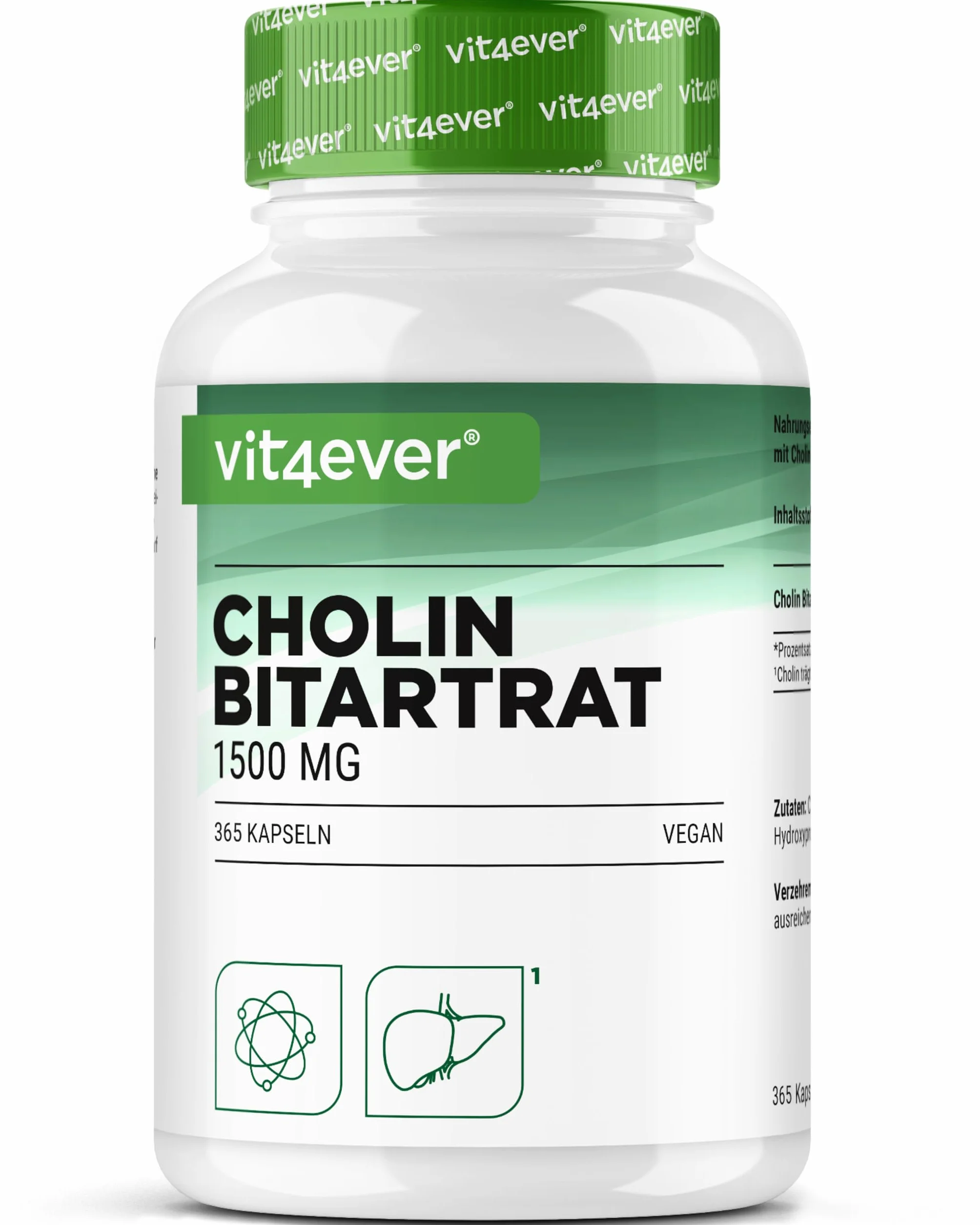 Capsule di colina 1500 mg bitartrato per dose giornaliera – 365 capsule vegane per fegato, omocisteina e metabolismo dei grassi