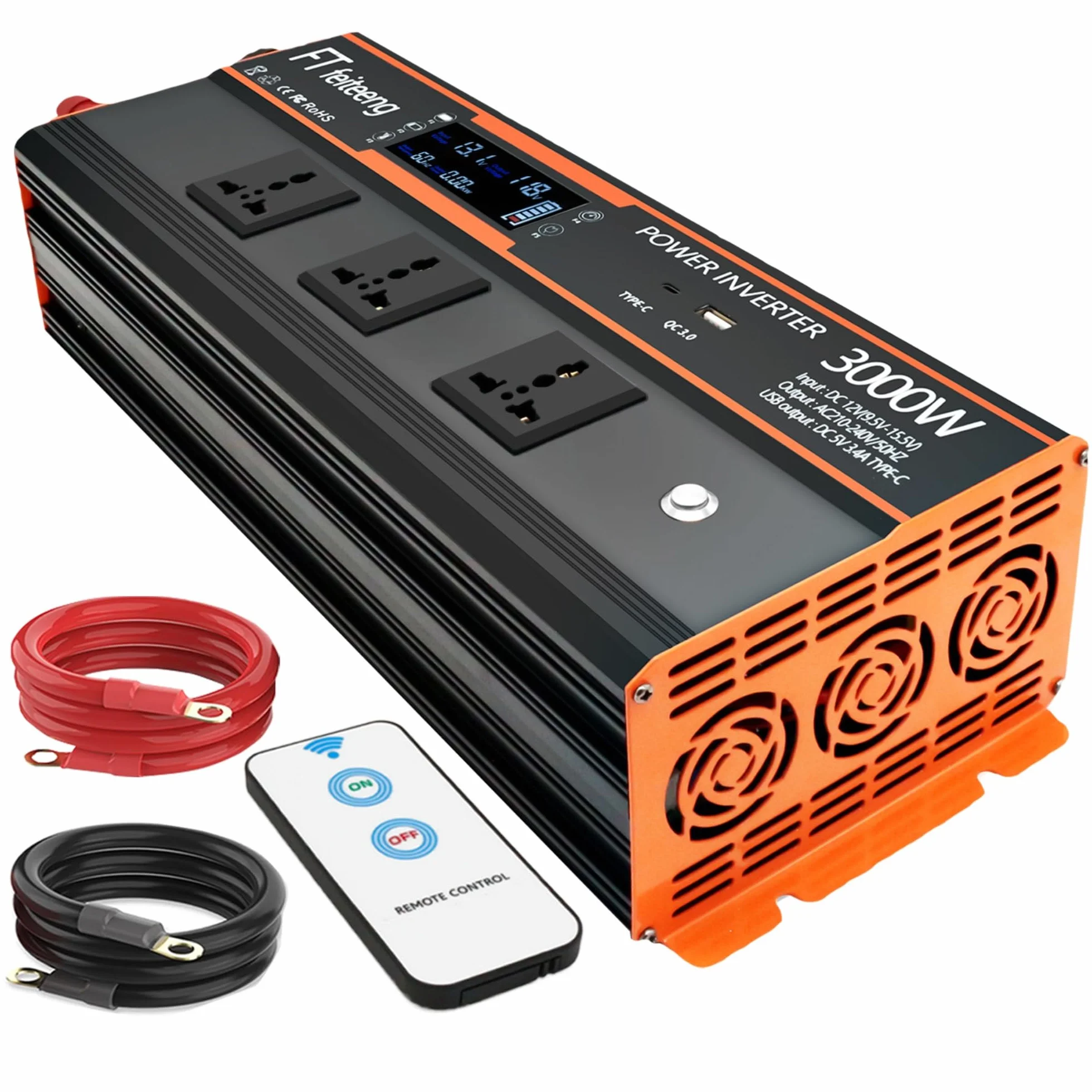 Inverter 3000W/5000W 12V 220V con 2 prese AC display LCD telecomando wireless USB