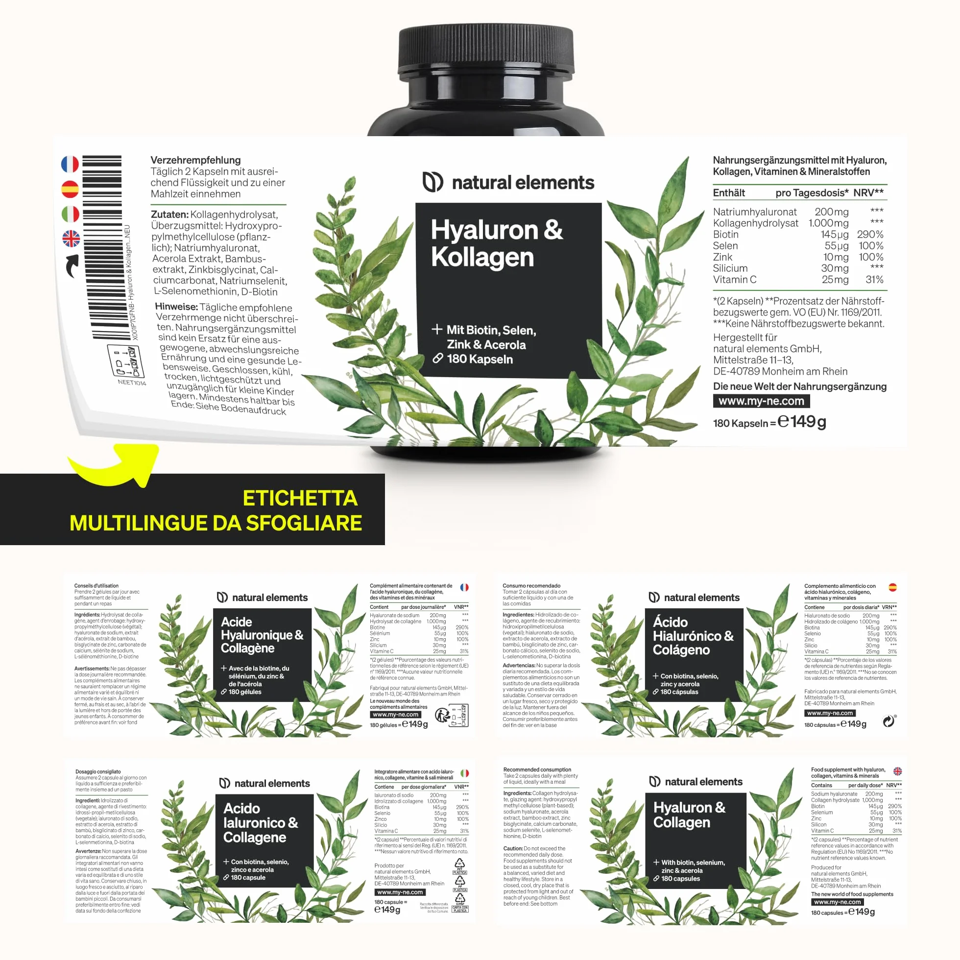 Collagene e Acido Ialuronico Integratore 180 Capsule 1000mg Collagene Idrolizzato 200mg Acido Ialuronico Vitamina C Biotina Pelle Capelli Unghie