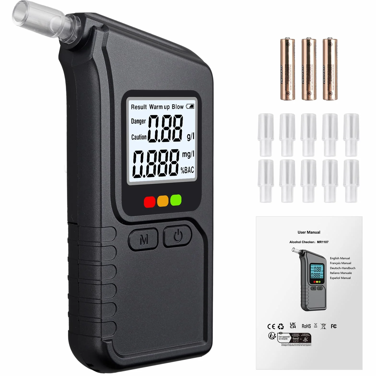 Proster Etilometro Portatile con Display LCD, Sensori Doppi, Misurazione Alcol nel Respiro, Include 10 Bocchini e Batterie