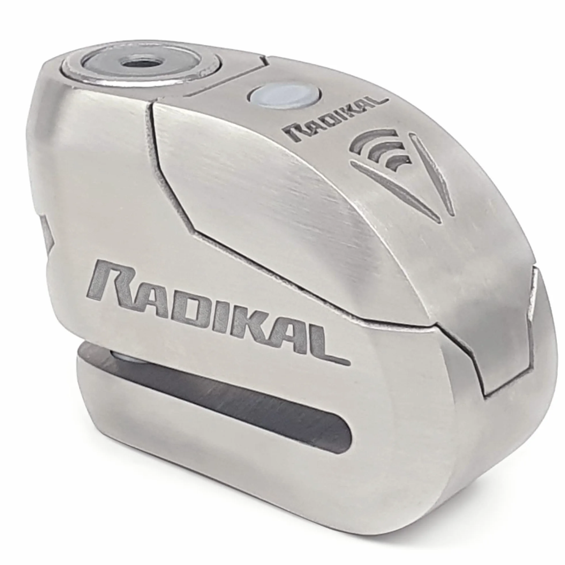 RADIKAL RK14S Antifurto Moto Blocca Disco Premium con Allarme | Attivazione a scelta, 120dB, Avviso LED, Warning Preallarme | Lucchetto Omologato SRA, Acciaio Inossidabile Doppio Bloccaggio ø14, Inox