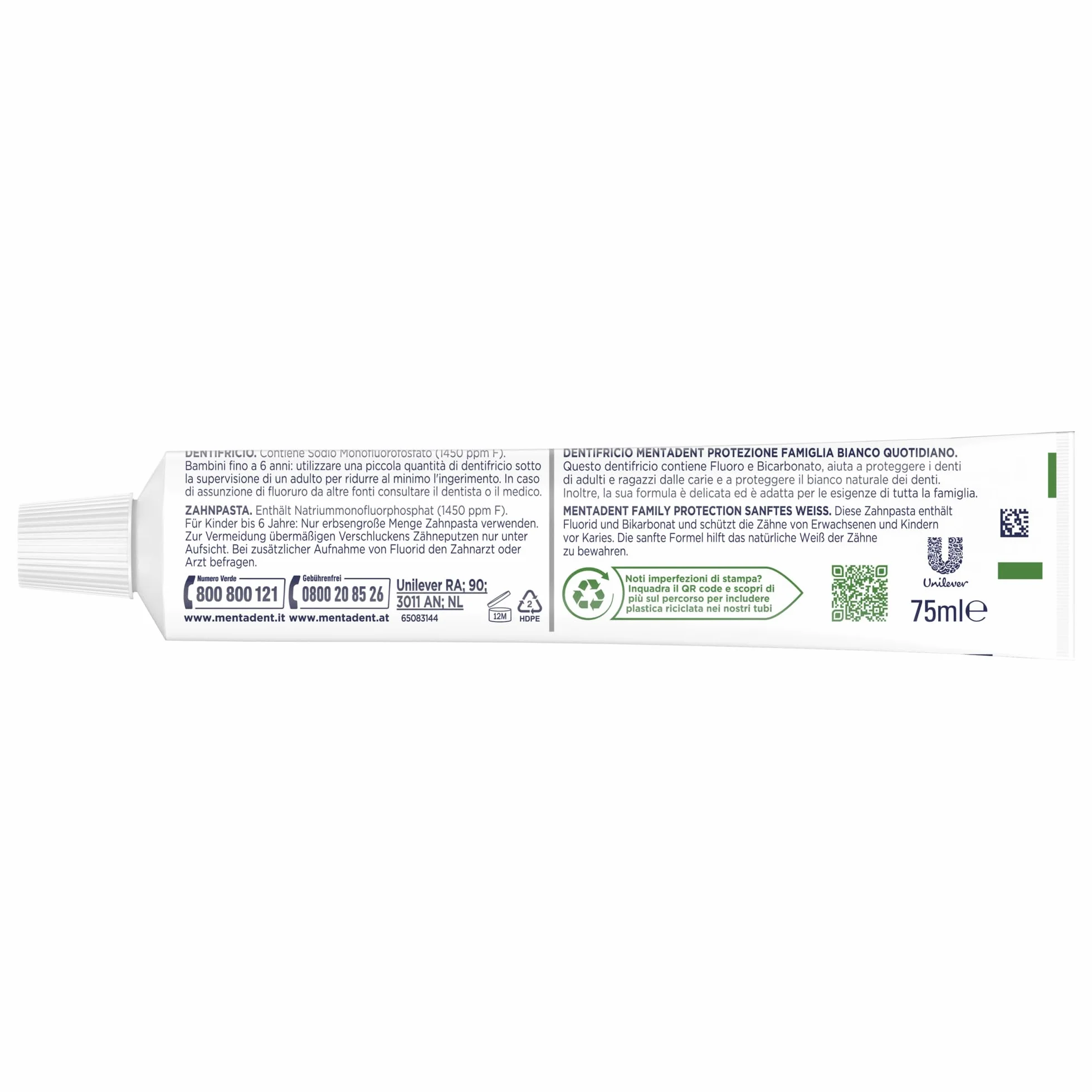 Mentadent Protezione Famiglia Bianco Quotidiano Dentifricio al Fluoro e Bicarbonato 75ml