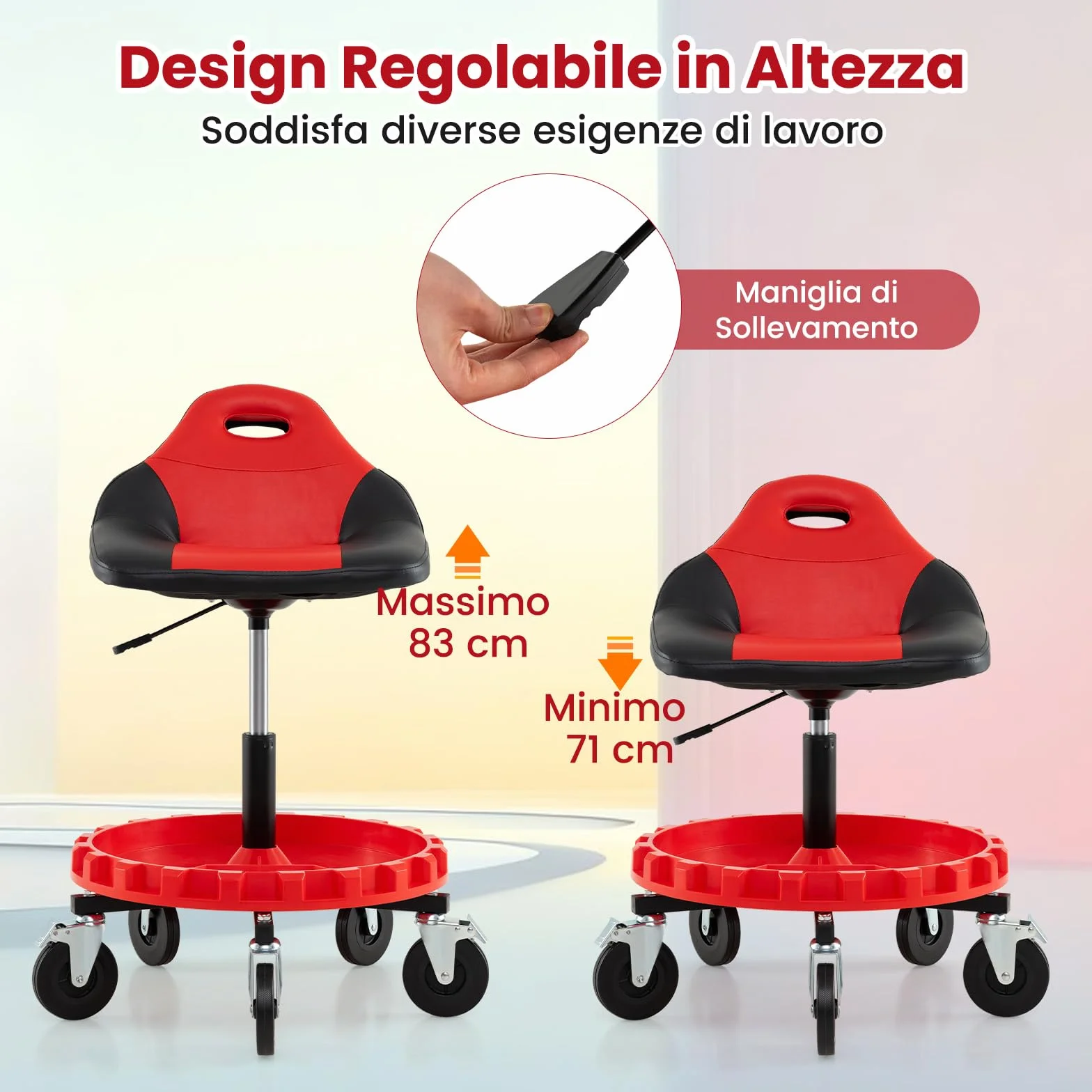 COSTWAY Sgabello da Officina con 5 Ruote, Sedia Meccanico Imbottita, Altezza Regolabile, Vassoio Porta Attrezzi, 185 kg