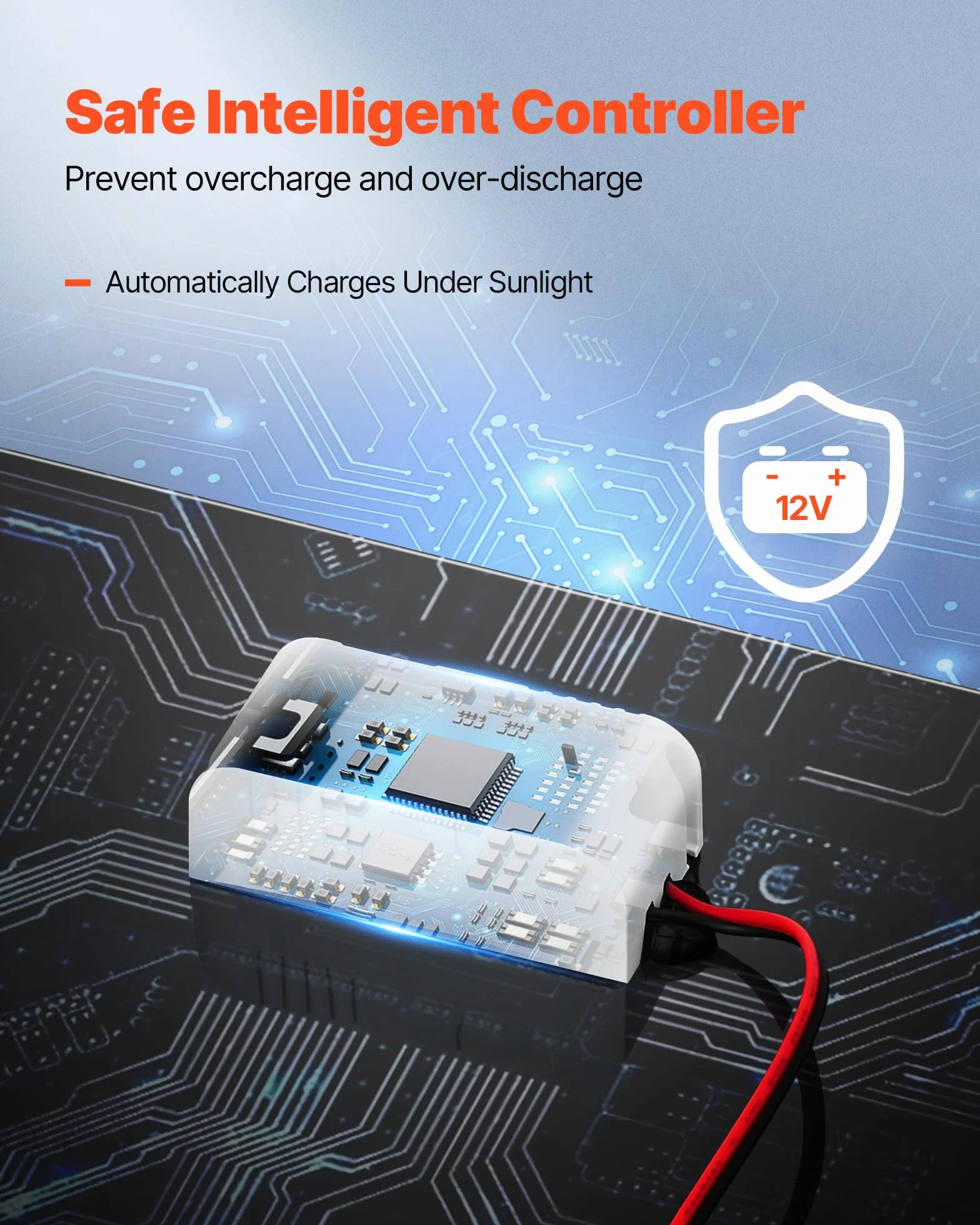 VEVOR Caricabatteria Solare da 20 W 12 V, Caricabatteria Solare con Regolatore Integrato 3 Cavi di Collegamento, Impermeabile IP67, Portatile per Camper, Auto, Moto, Barche, Furgoni, Roulotte