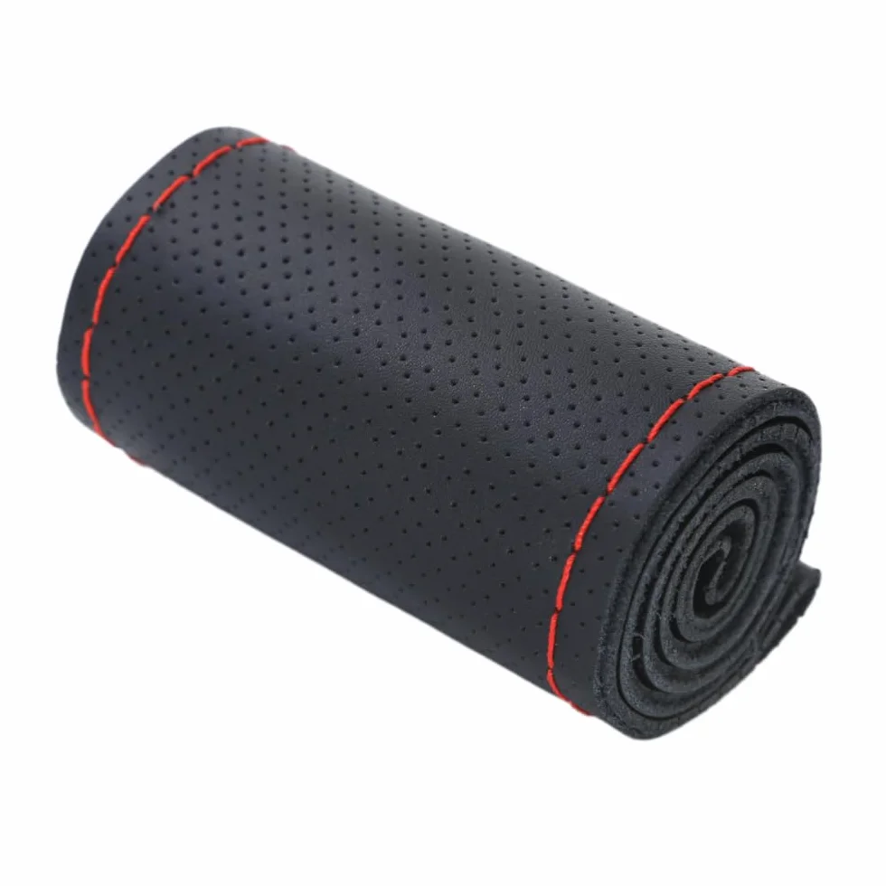 Coprivolante in pelle per camion, cucito a mano con ago e filo, antiscivolo, universale, protezione volante, accessorio auto per interni con fori, adatto per volante con diametro di 42 cm, nero rosso