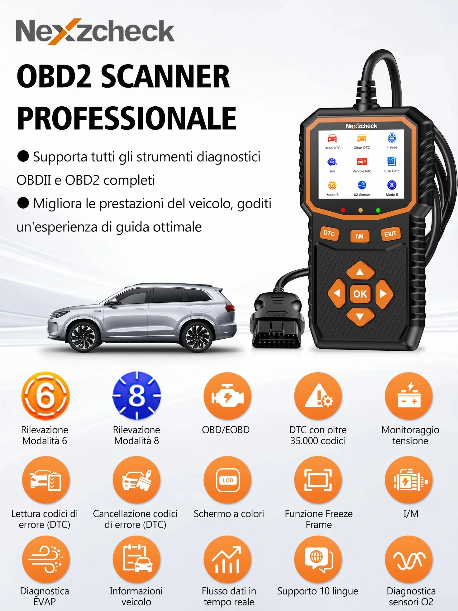 Scanner Diagnosi Auto OBD2 EOBD Professionale Italiano - Lettore OBDII Cancellazione Codici Errore per BMW Mercedes Tutti i Veicoli