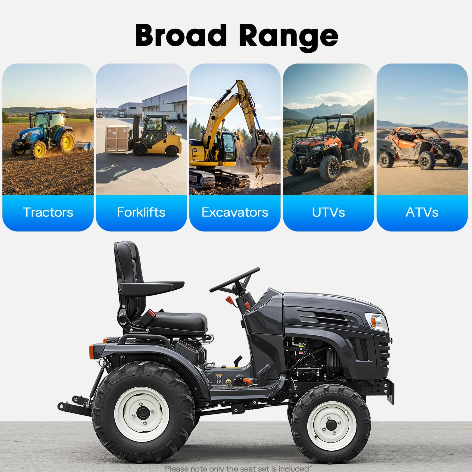 Sedile universale per trattore con bracciolo, sedile di traino regolabile a 35-180°, cintura di sicurezza, sedile ergonomico per trattore, carrello elevatore, ATV ed escavatore