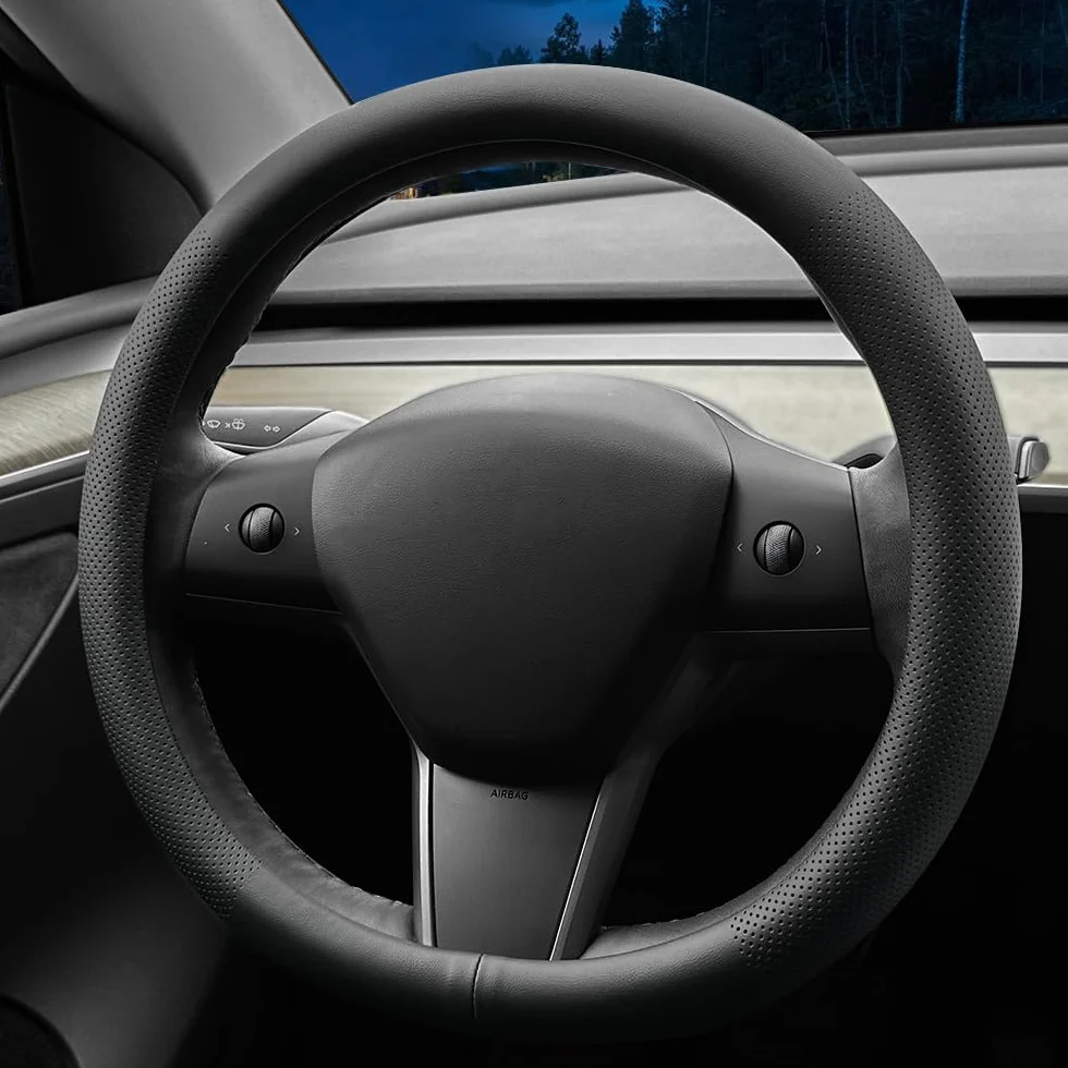 Coprivolante auto personalizzato per Tesla, in pelle nappa, ultra sottile, design antiscivolo e modifica degli interni dell'auto (per Tesla Model 3/Y) (nero)