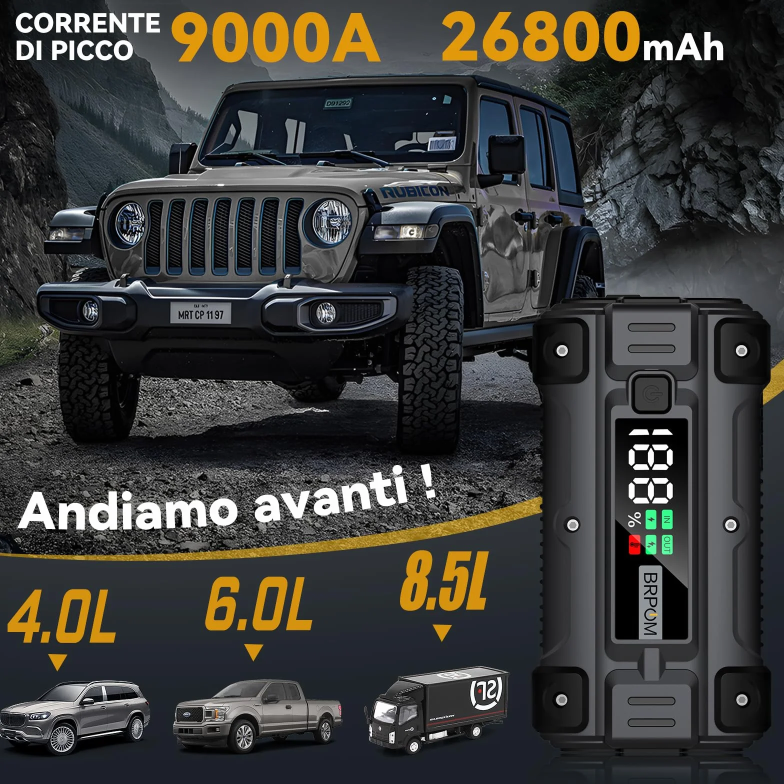 BRPOM Avviatore Batteria Auto 9000A 26800mAh Booster Avviamento con Torcia LED USB Quick Charge 3.0
